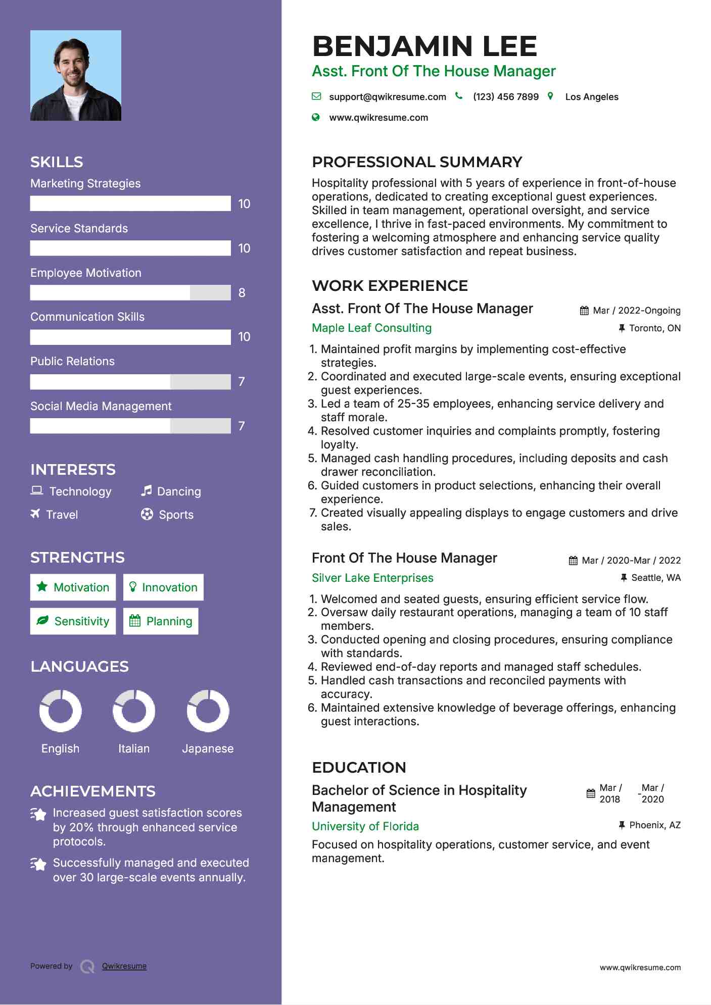 Asst. Front Of The House Manager Resume Format