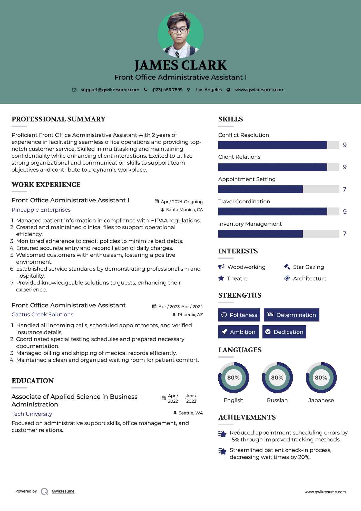 Front Office Administrative Assistant I Resume Example