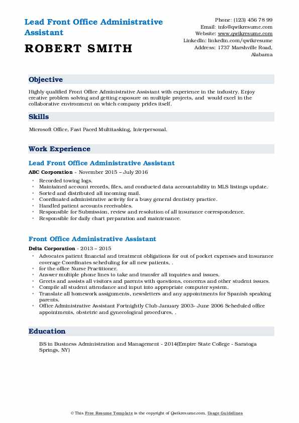 Front Office Administrative Assistant Resume Samples QwikResume