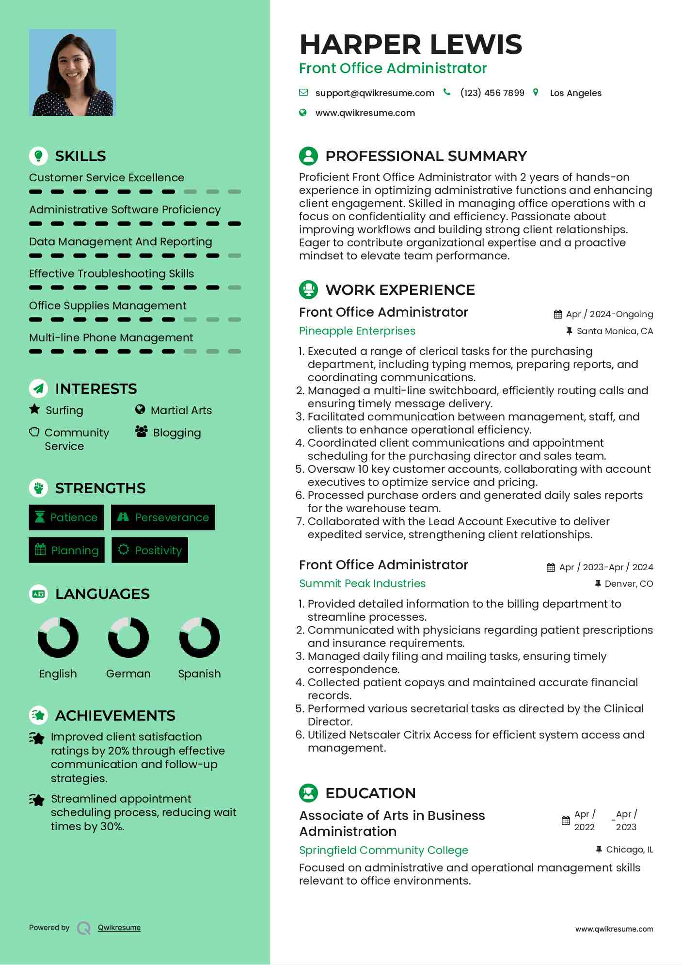 Front Office Administrator Resume Sample