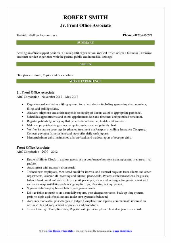 Front Office Associate Resume Samples QwikResume