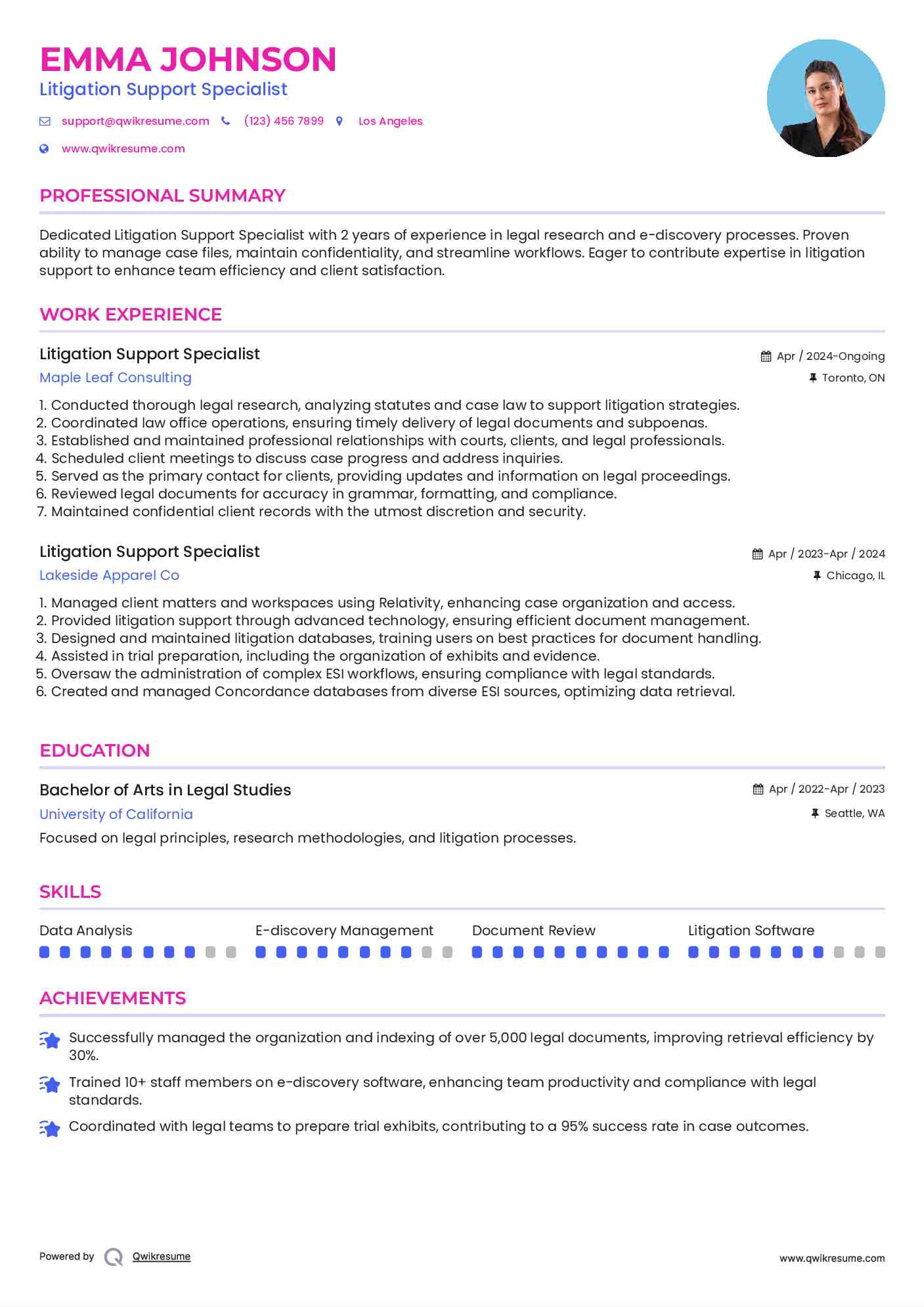 Litigation Support Specialist Resume Sample