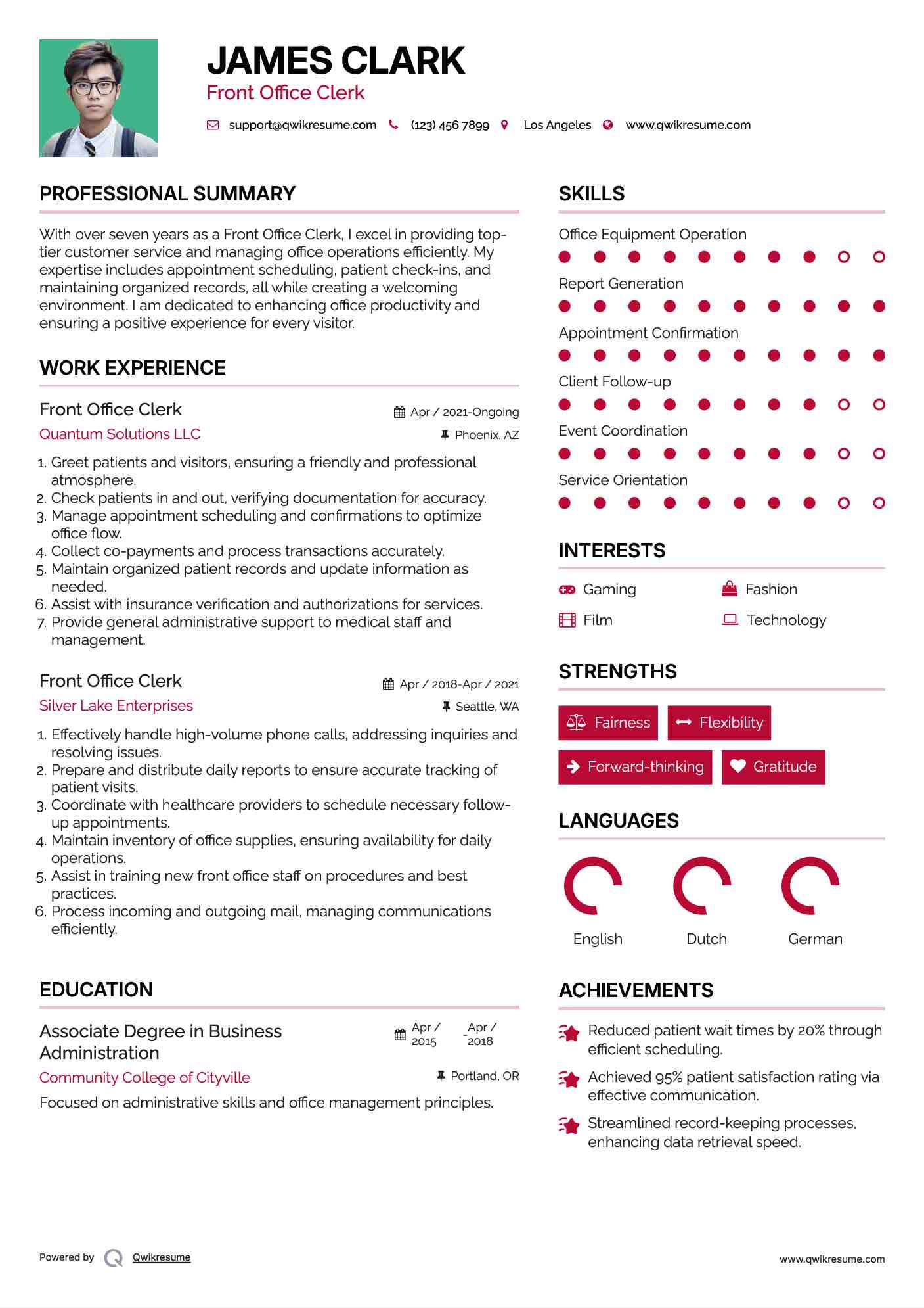 Front Office Clerk Resume Example