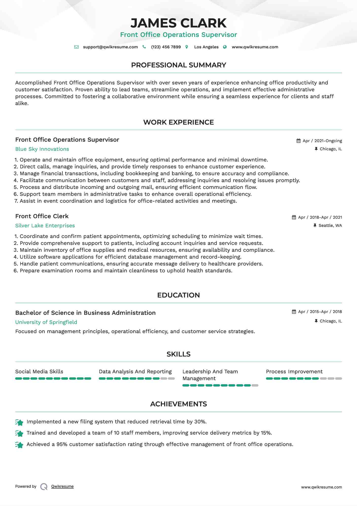 Front Office Operations Supervisor Resume Format