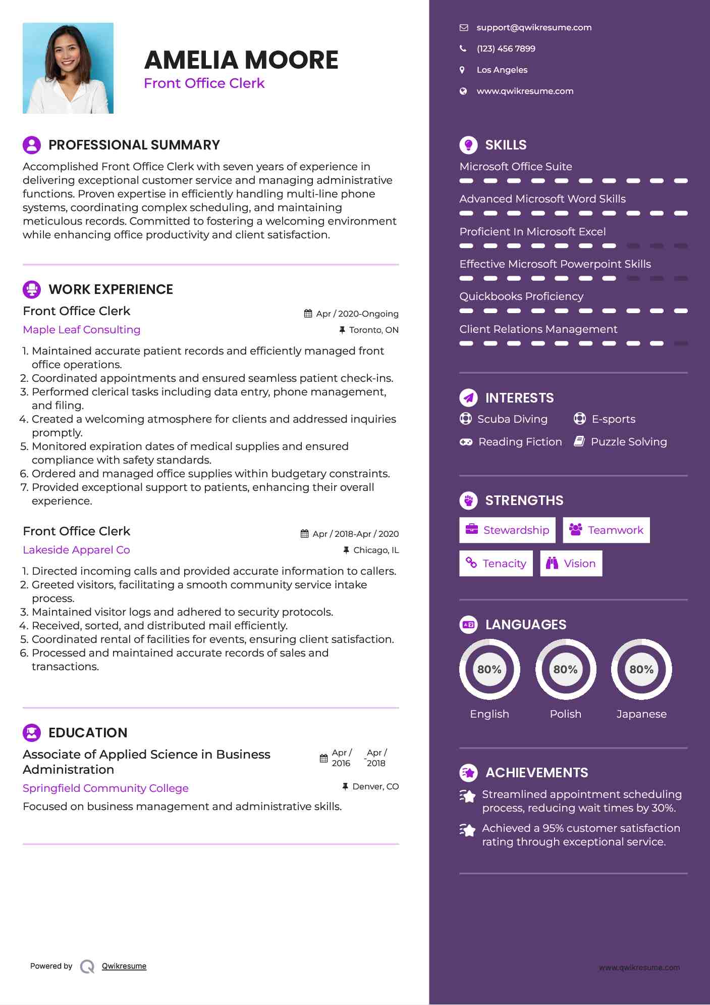 Front Office Clerk Resume Example