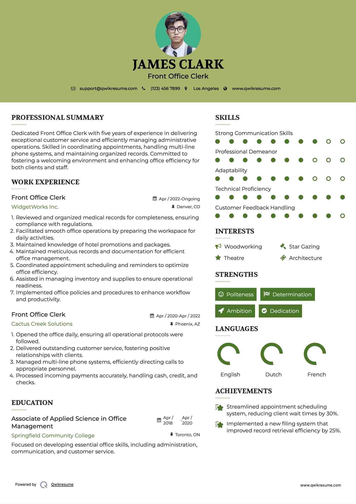 Front Office Clerk Resume Sample