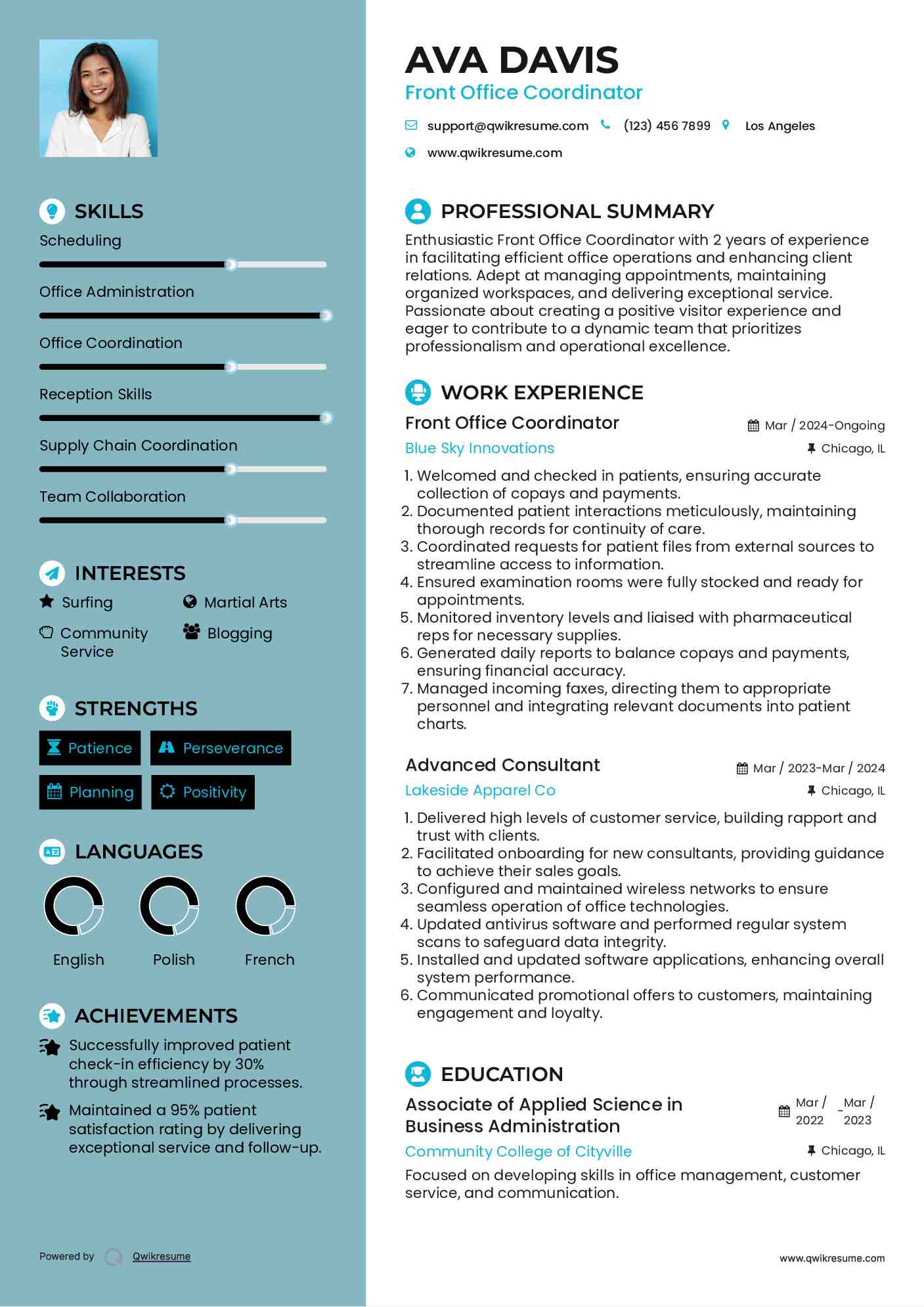 Front Office Coordinator Resume Sample