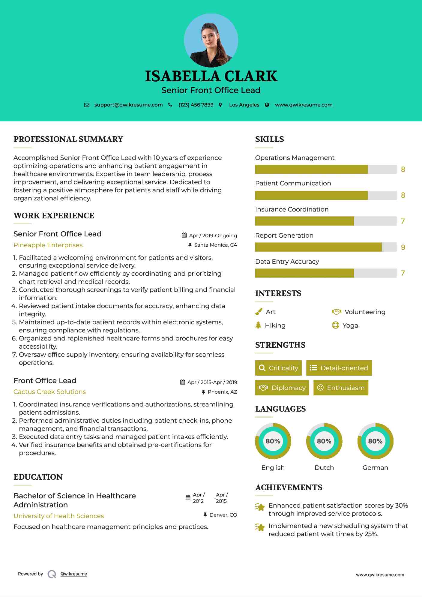 Front Office Lead Resume Samples QwikResume