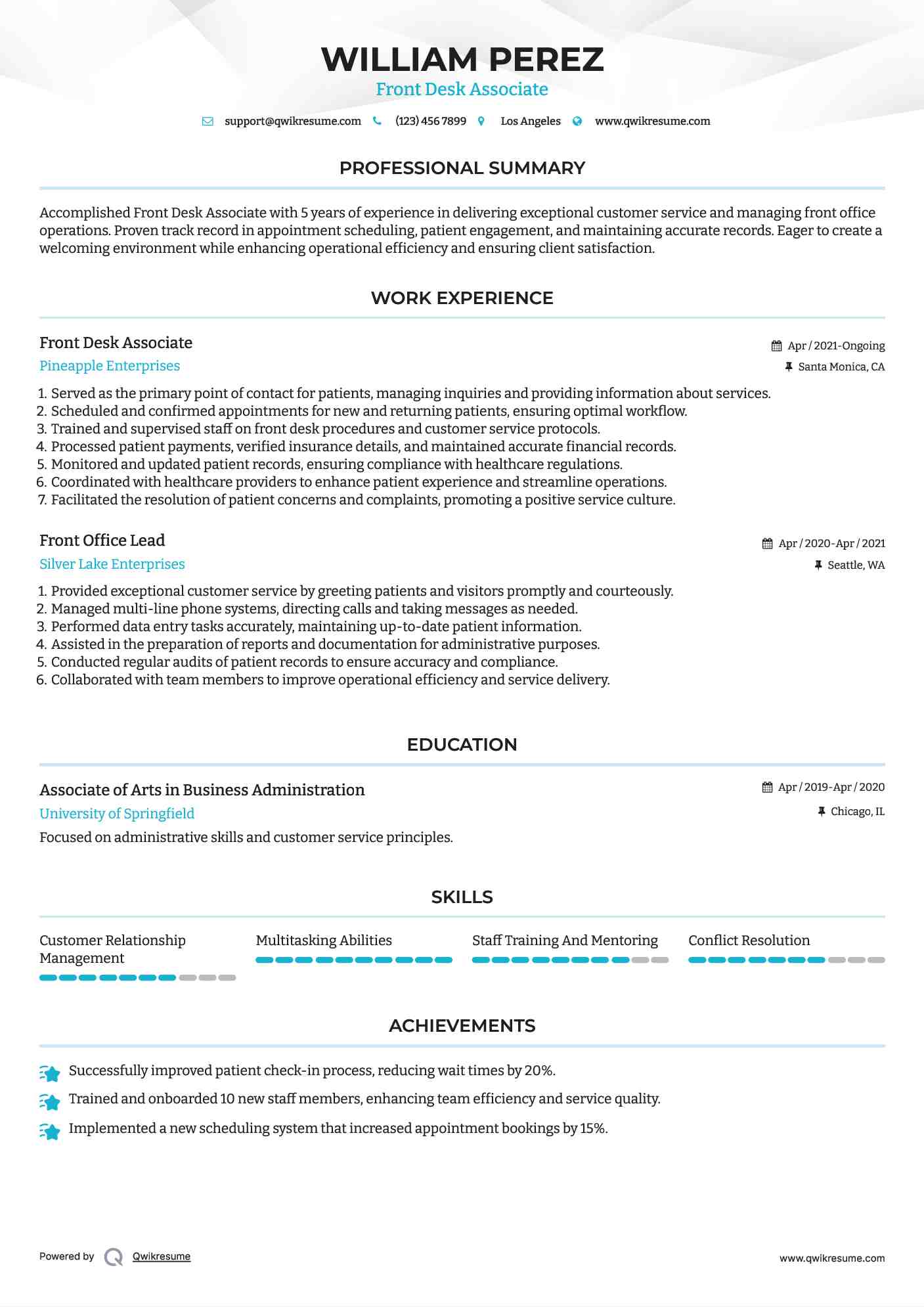 Front Office Lead Resume Samples QwikResume