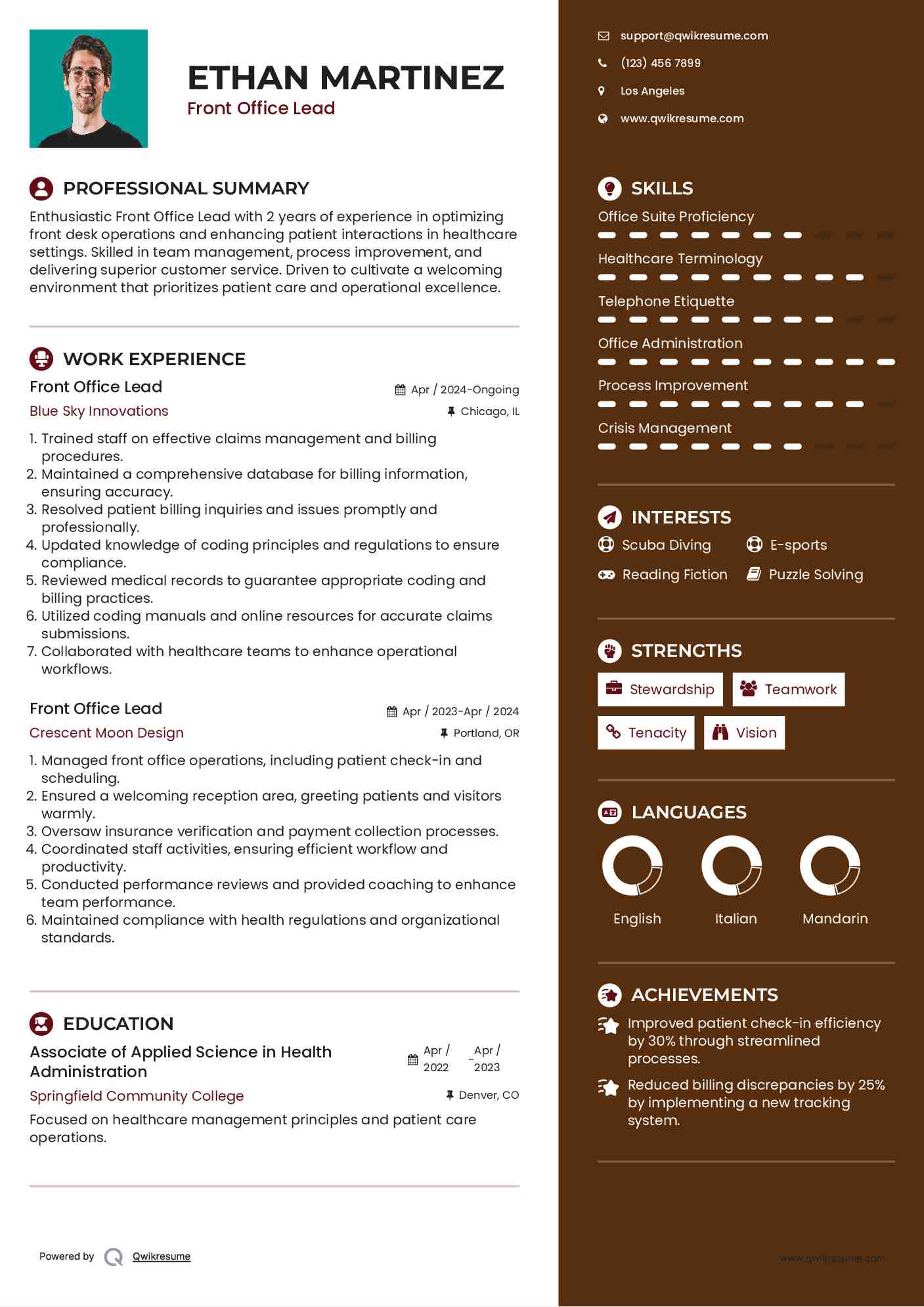 Front Office Lead Resume Samples QwikResume