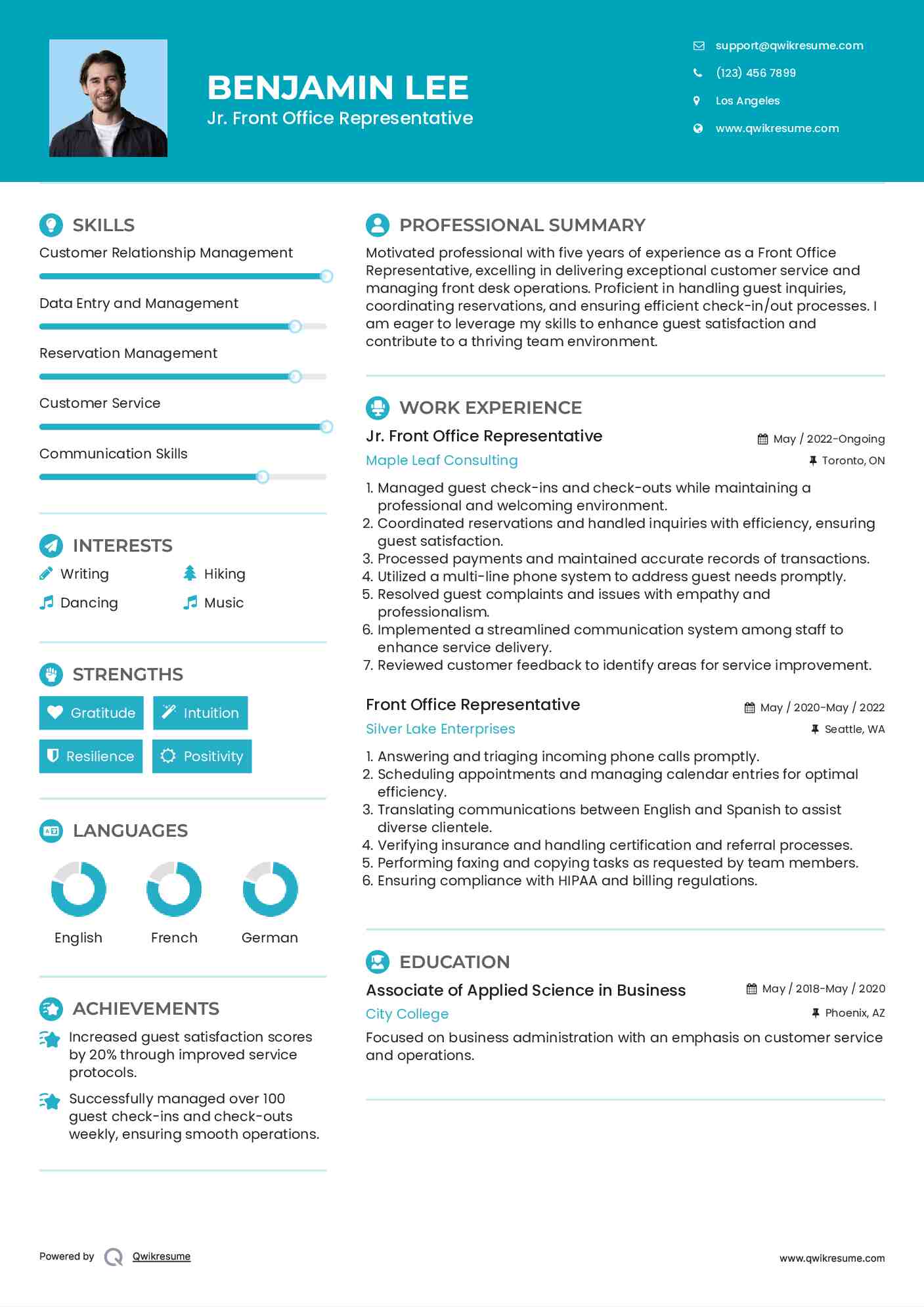 Jr. Front Office Representative Resume Format