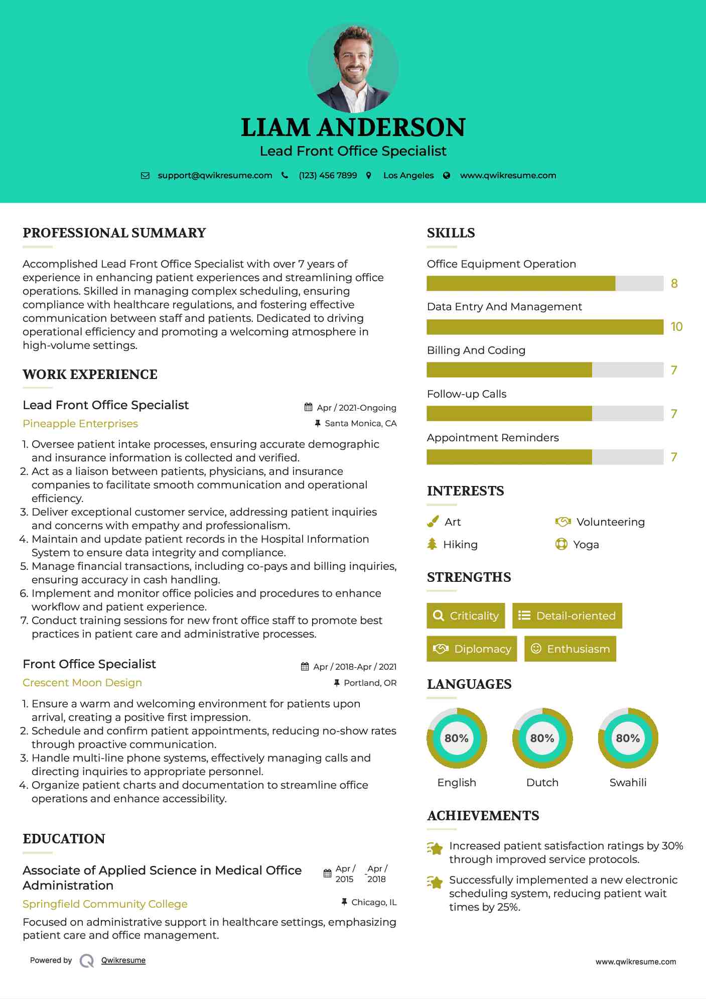 Lead Front Office Specialist Resume Model