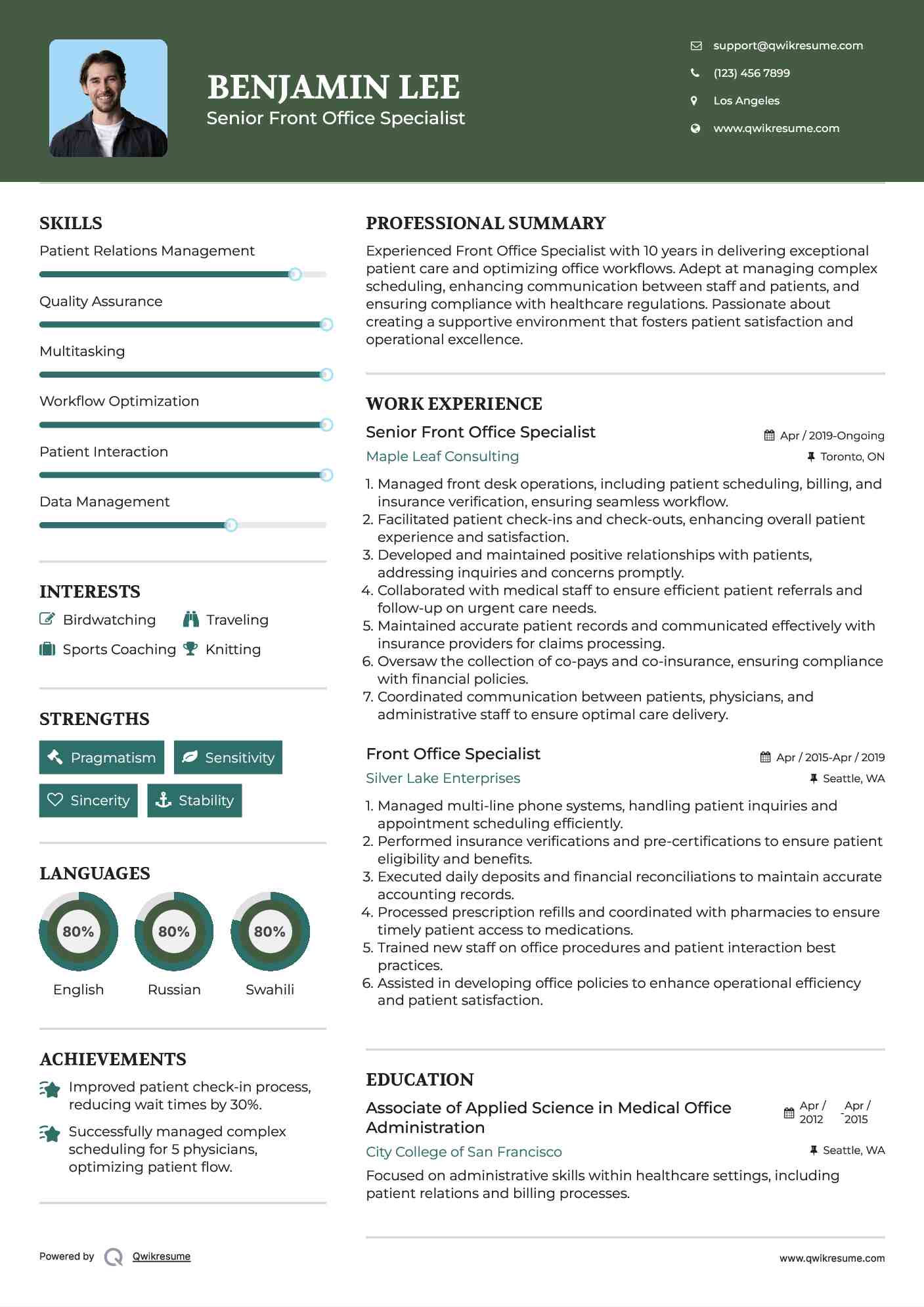 Senior Front Office Specialist Resume Template