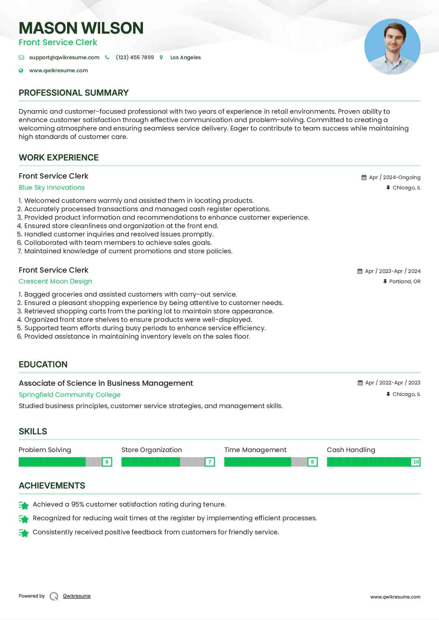 Front Service Clerk Resume Sample