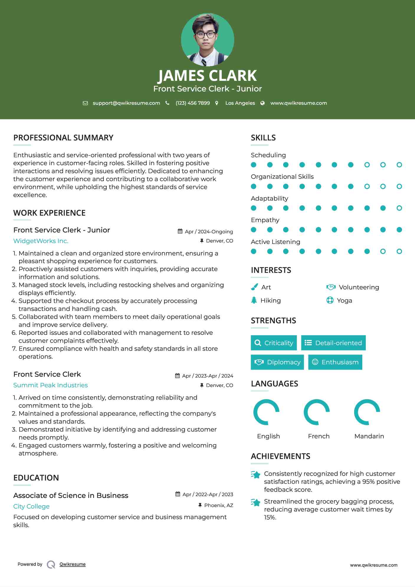 Front Service Clerk - Junior Resume Sample