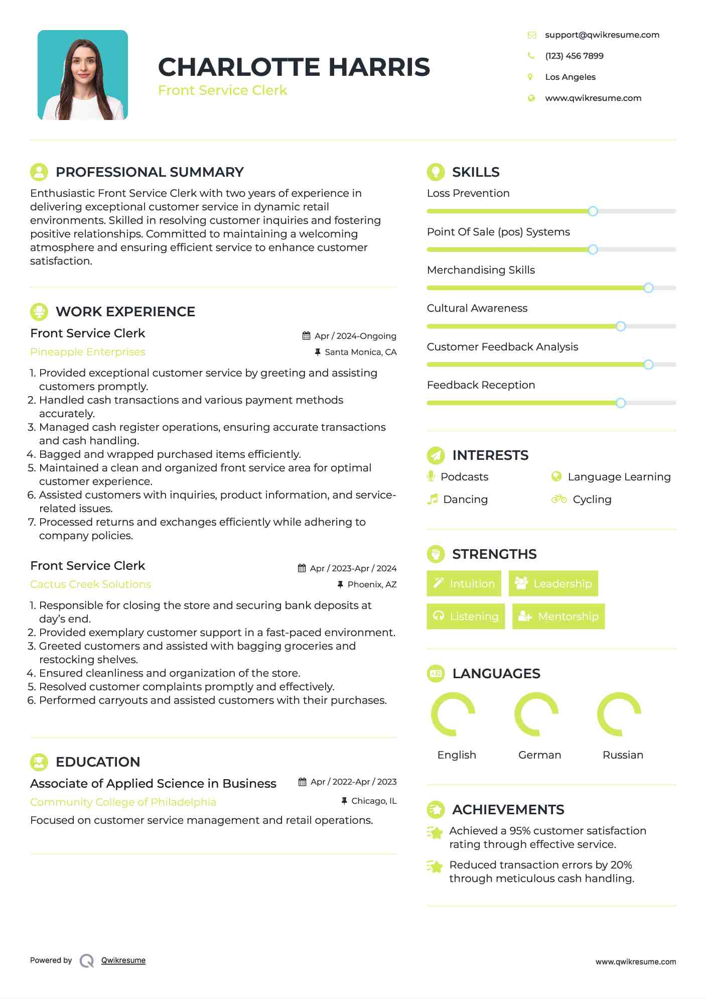 Front Service Clerk Resume Template