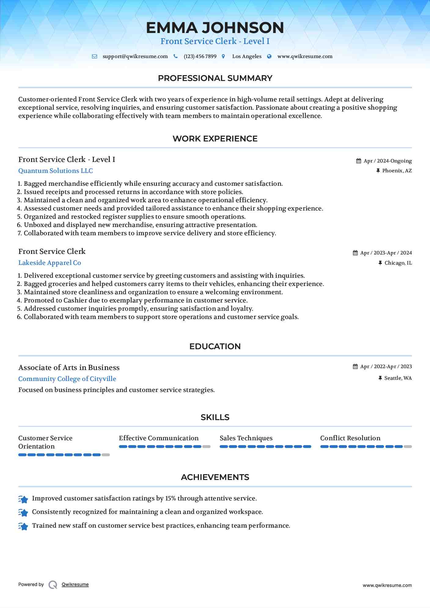 Front Service Clerk - Level I Resume Template
