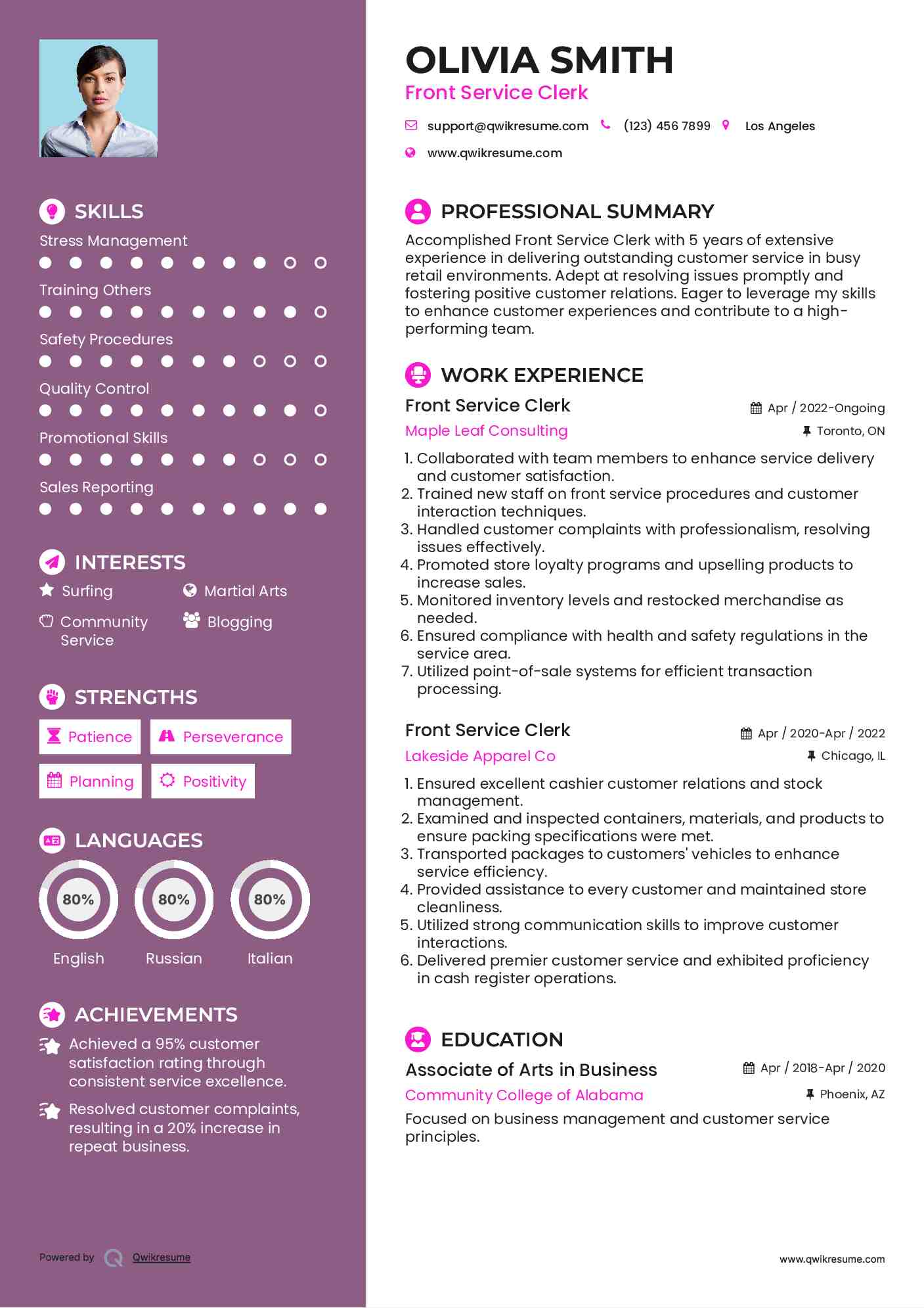 Front Service Clerk Resume Format