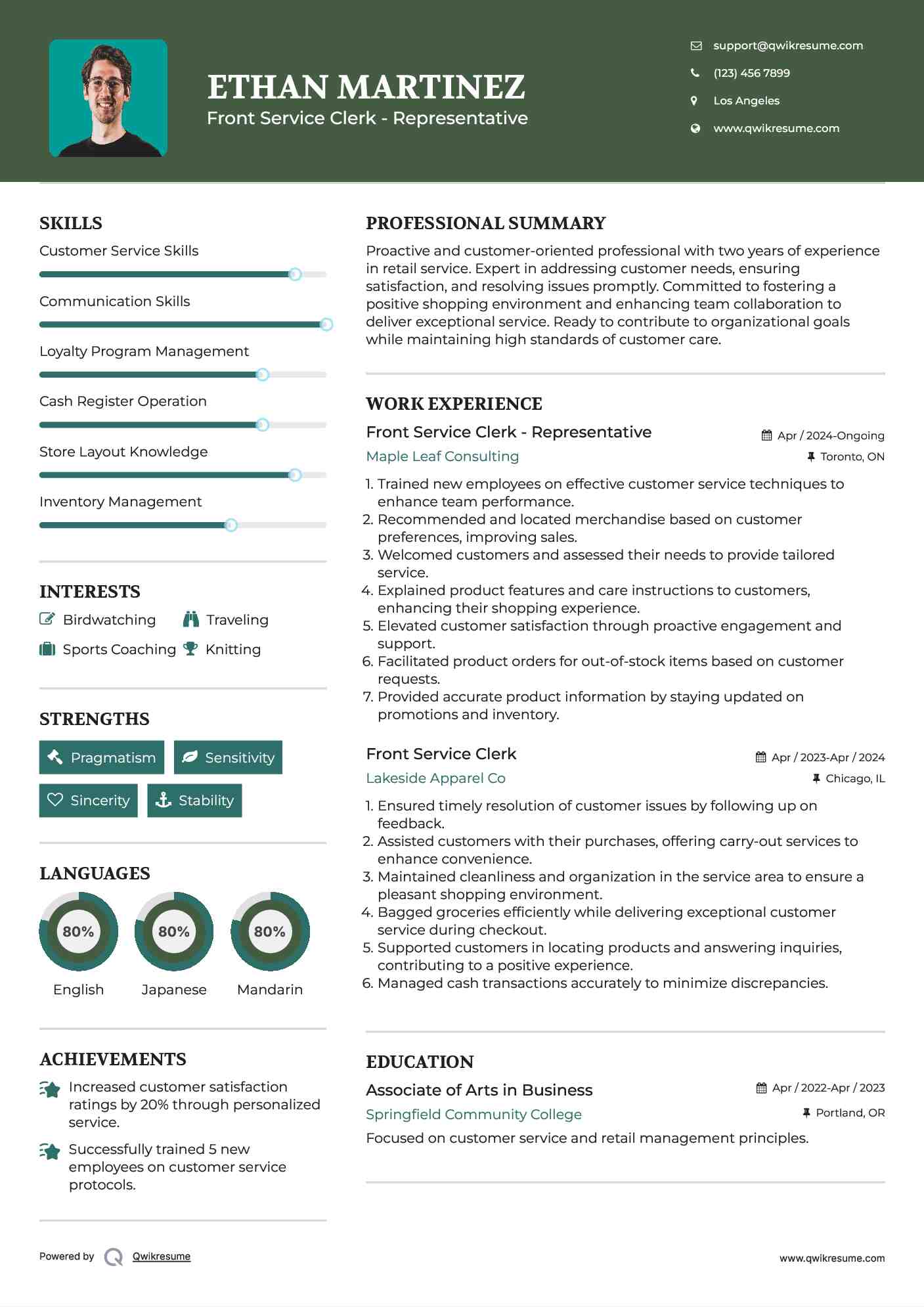 Front Service Clerk - Representative Resume Example