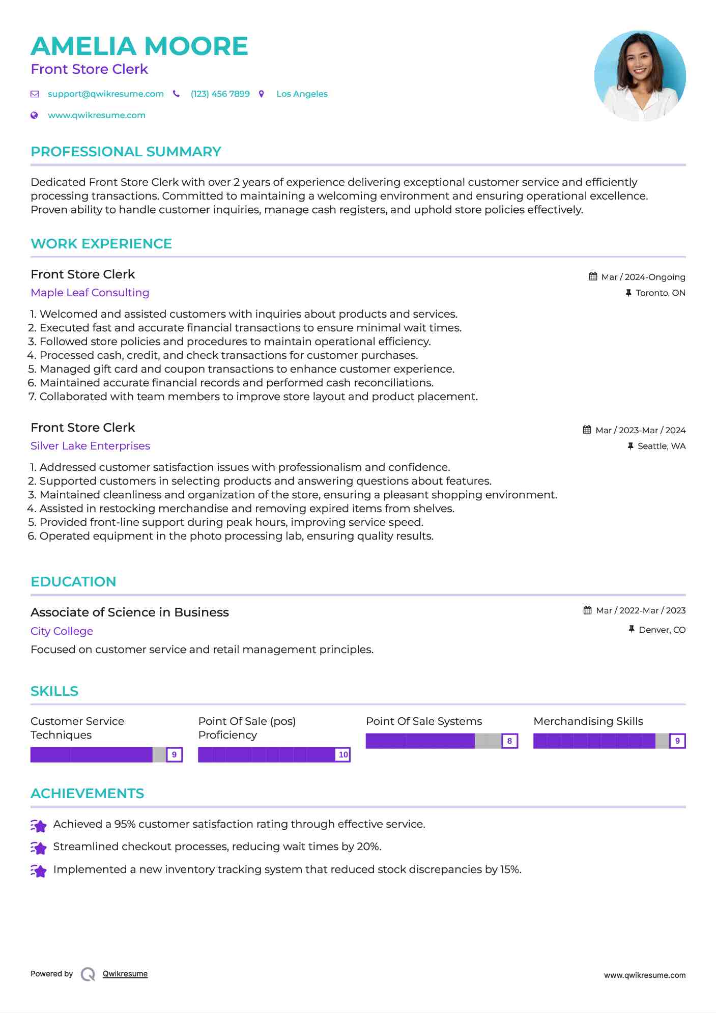 Front Store Clerk Resume Sample
