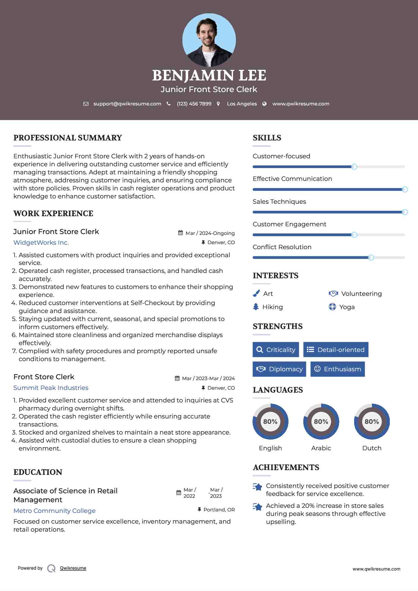 Junior Front Store Clerk Resume Model
