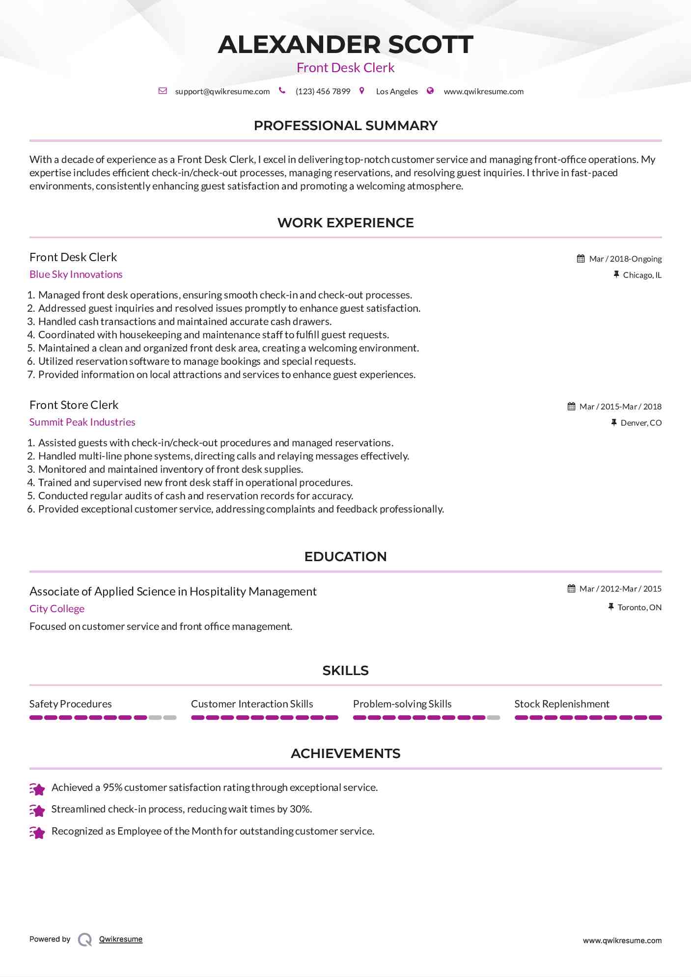 Front Desk Clerk Resume Template