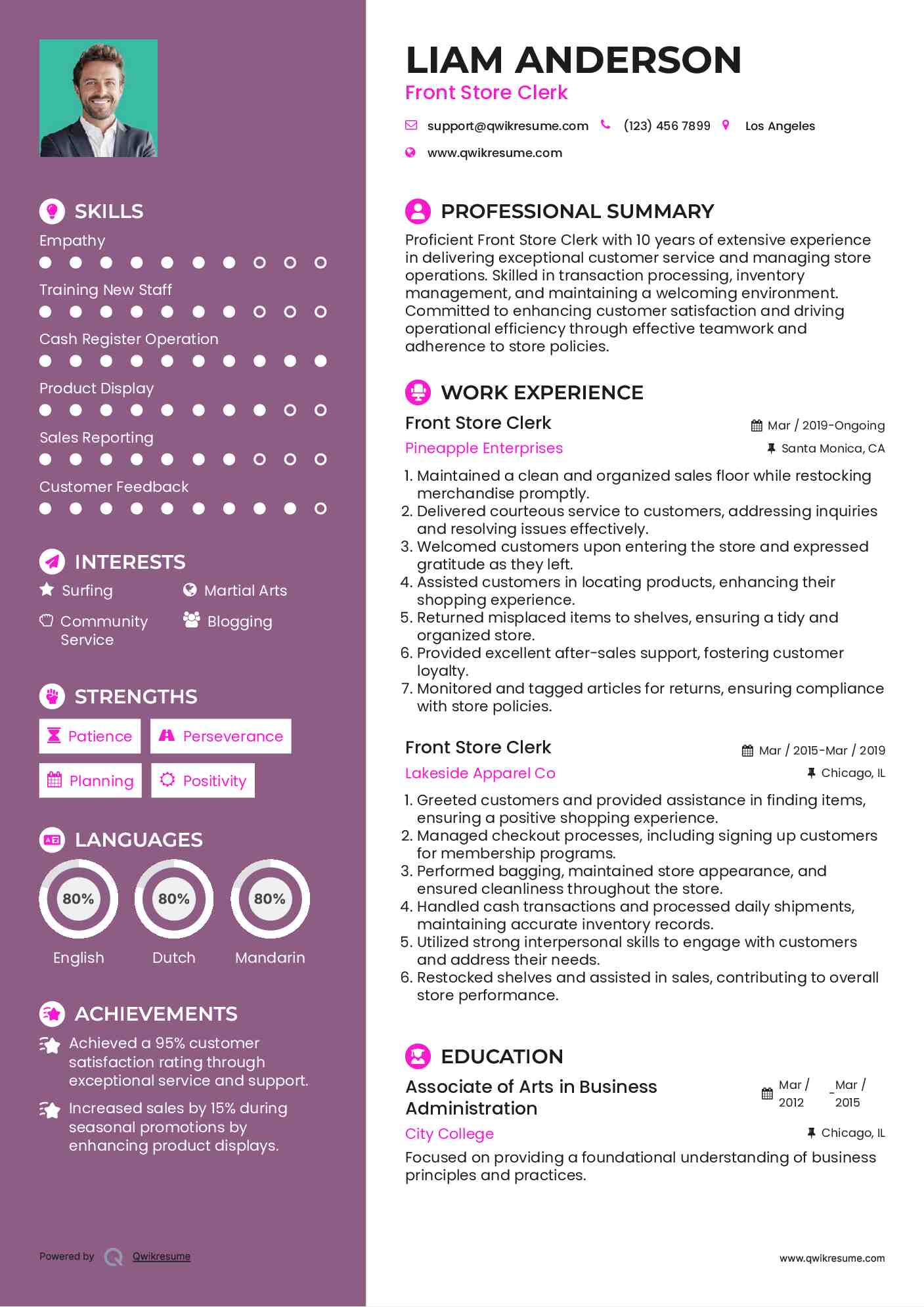 Front Store Clerk Resume Sample