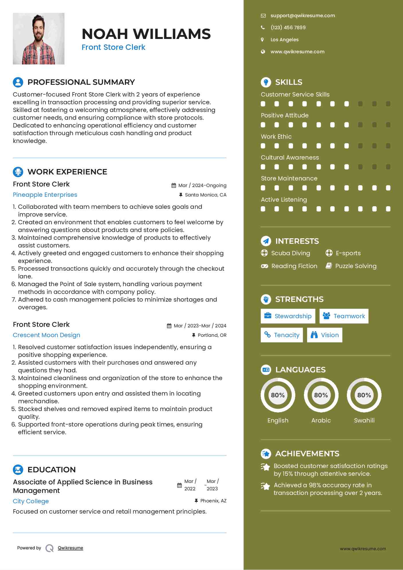 Front Store Clerk Resume Sample