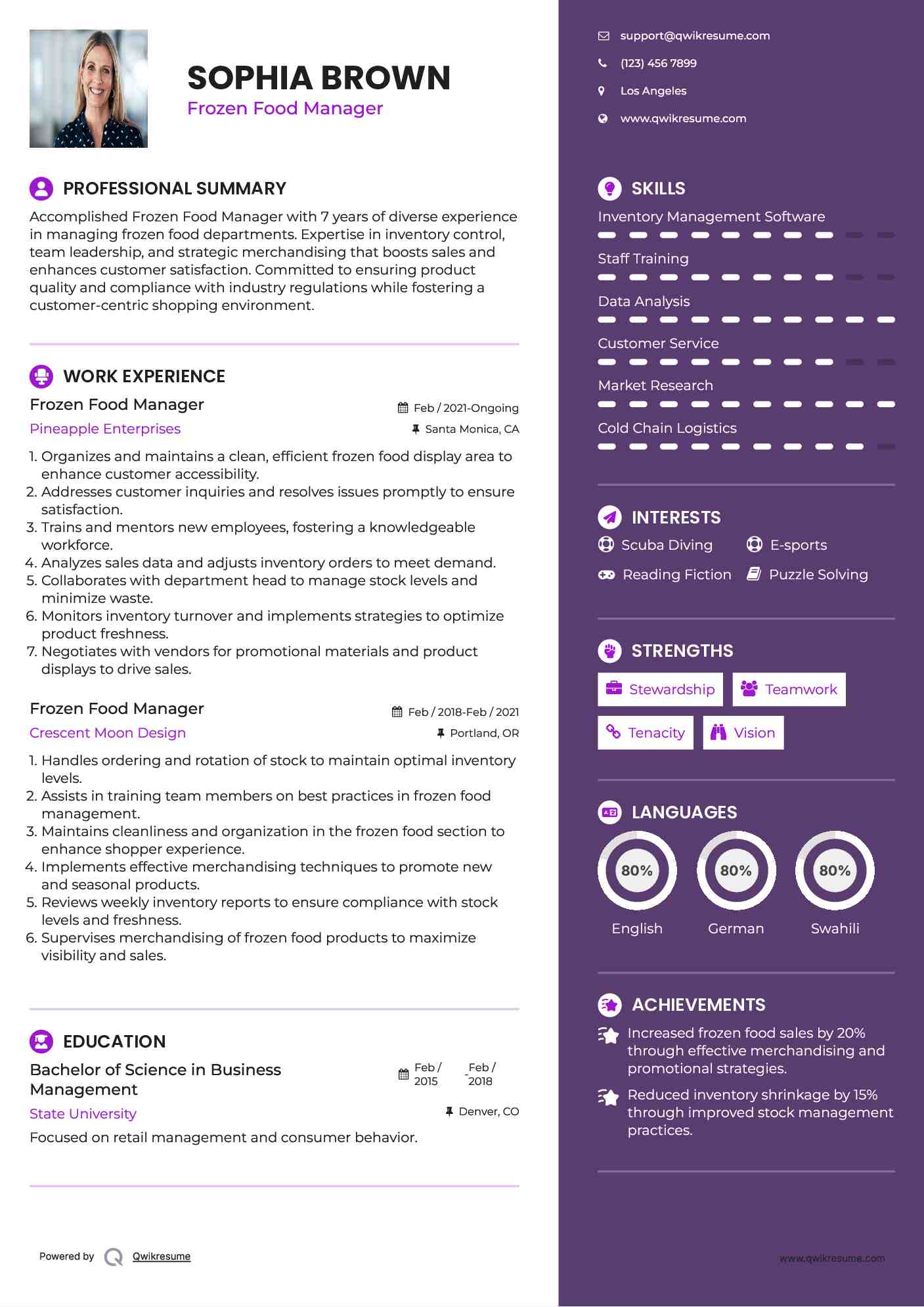 Frozen Food Manager Resume Samples QwikResume