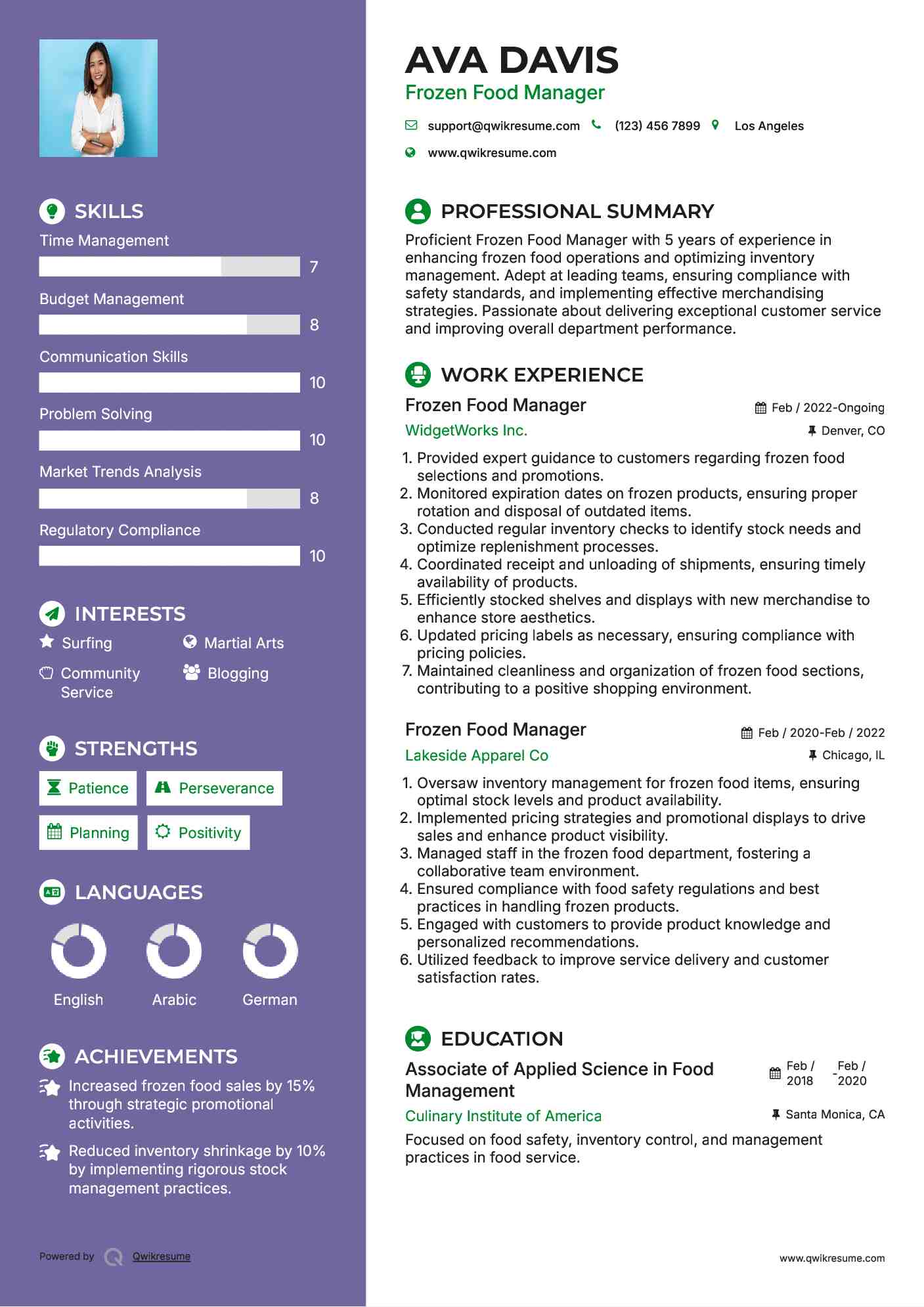 Frozen Food Manager Resume Sample