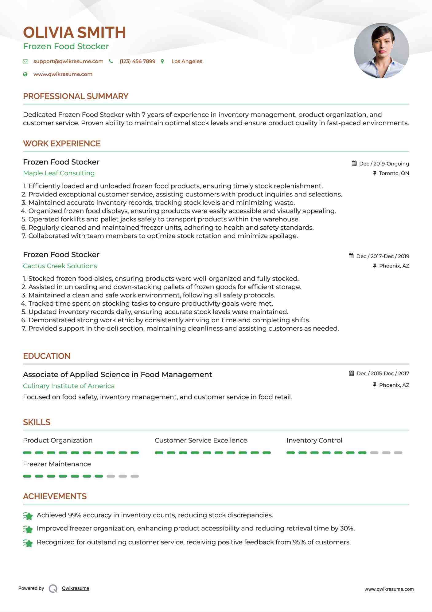 Frozen Food Stocker Resume Model