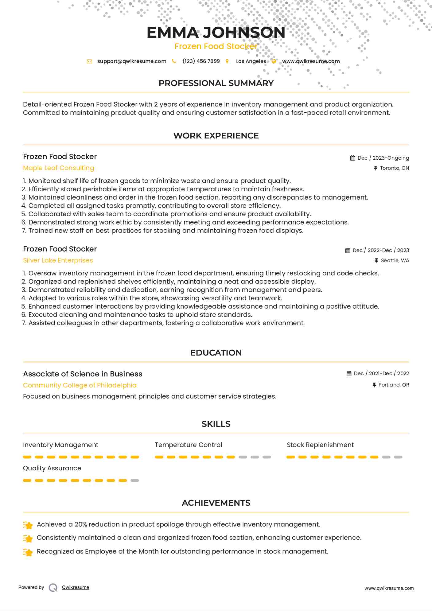 Frozen Food Stocker Resume Example