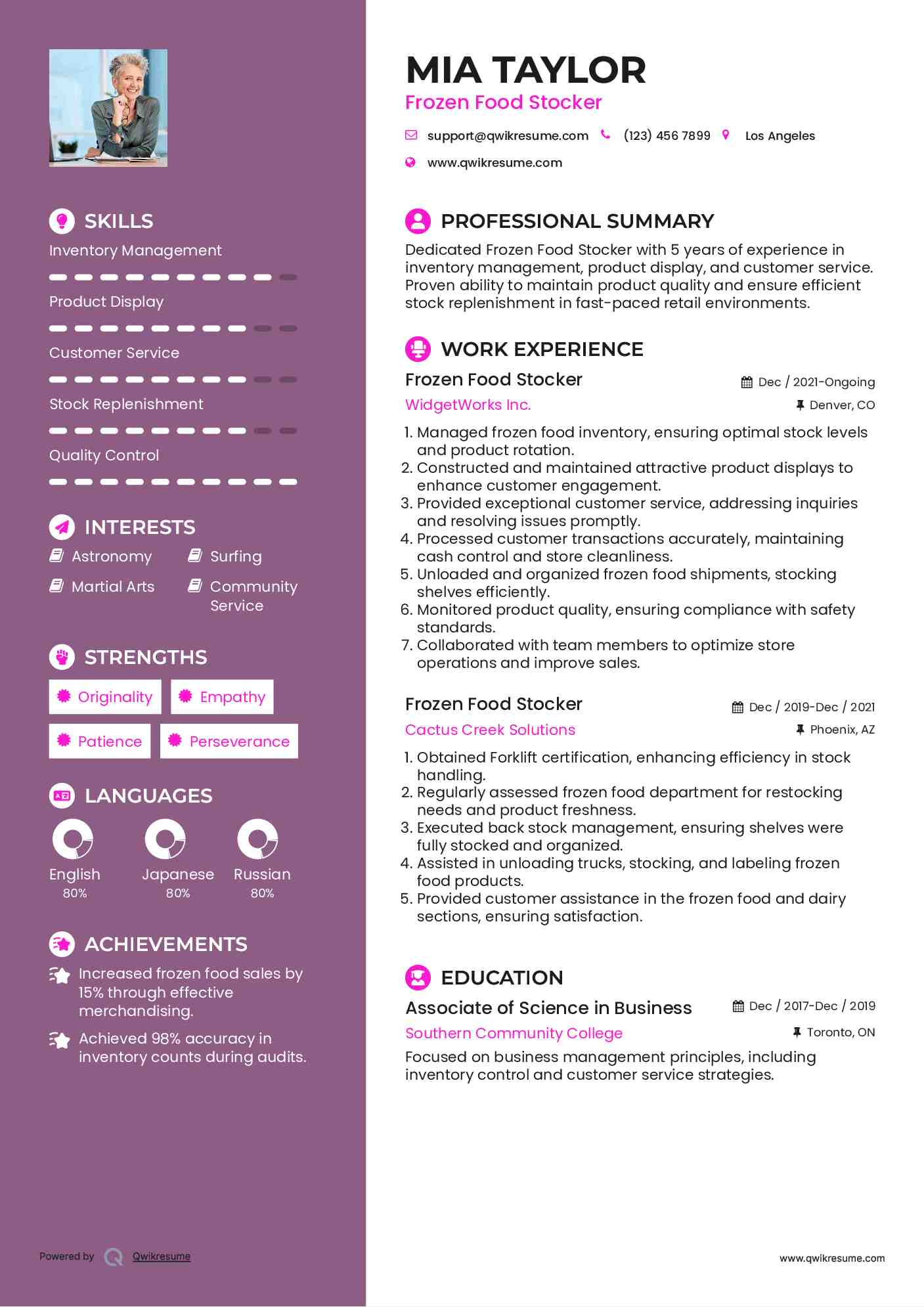 Frozen Food Stocker Resume Example