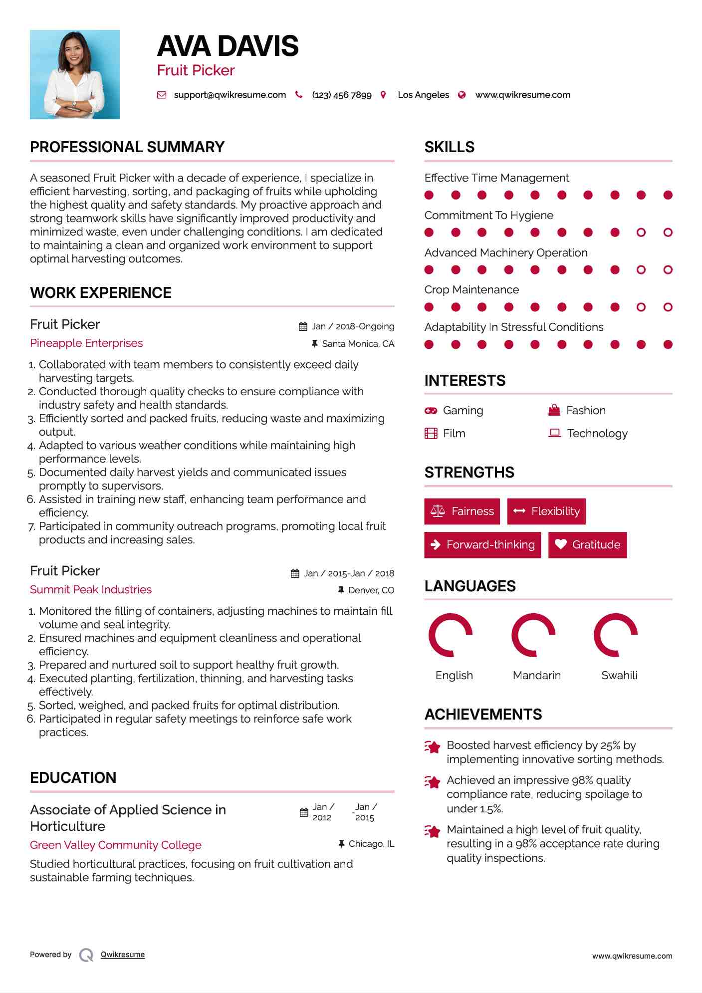 Fruit Picker Resume Sample