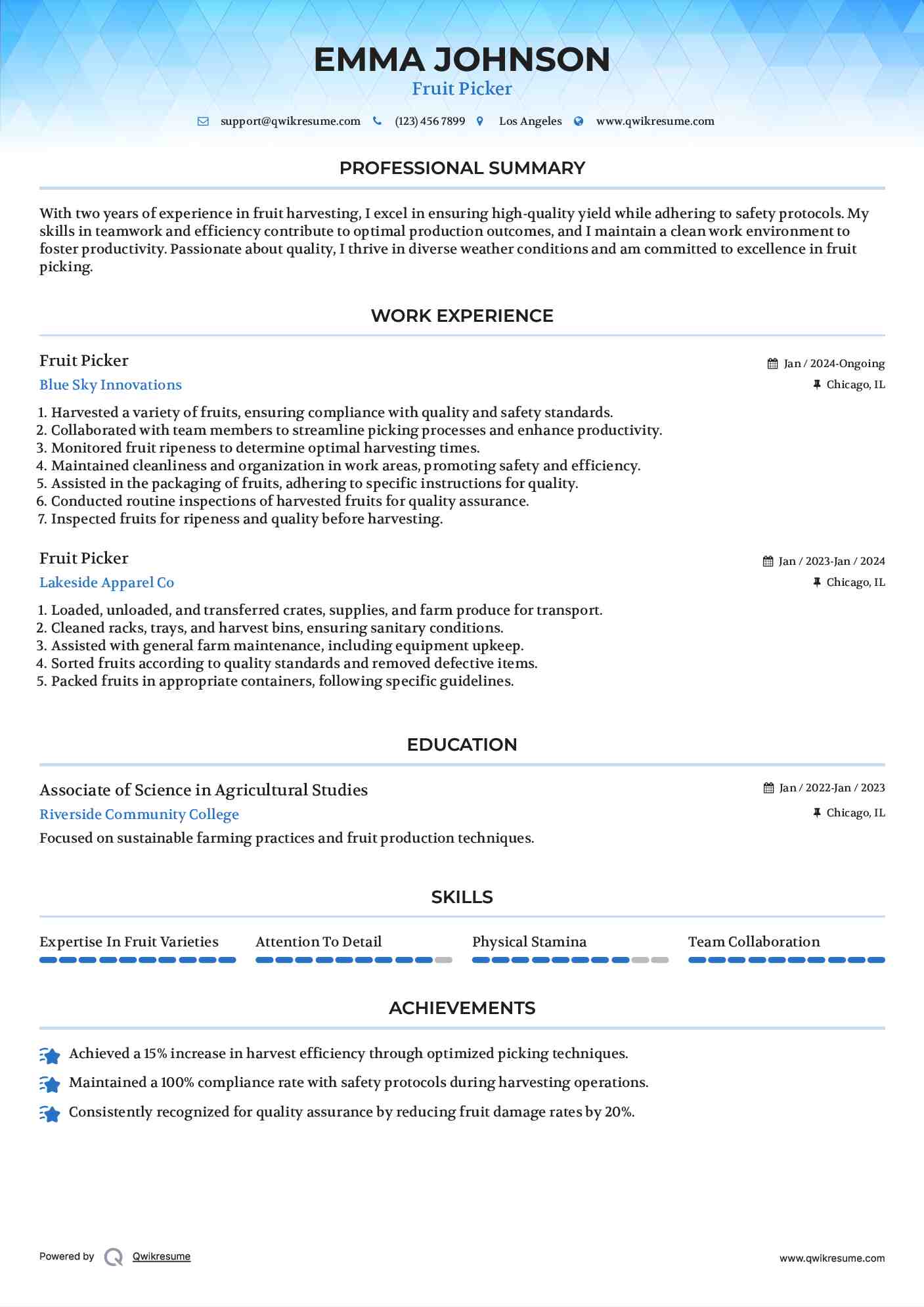 Fruit Picker Resume Format