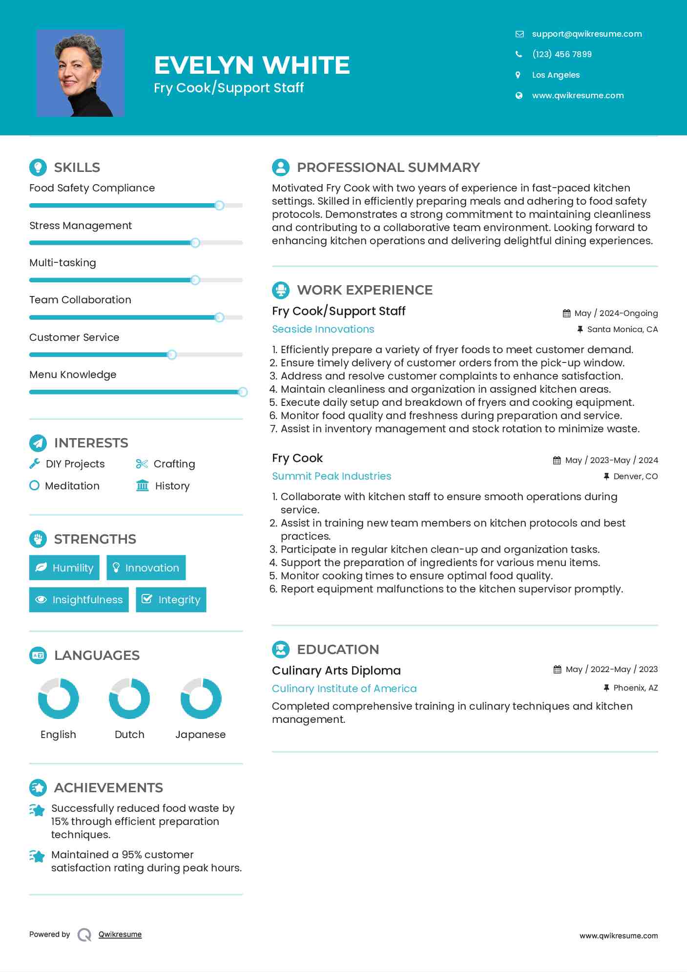 Fry Cook/Support Staff Resume Sample