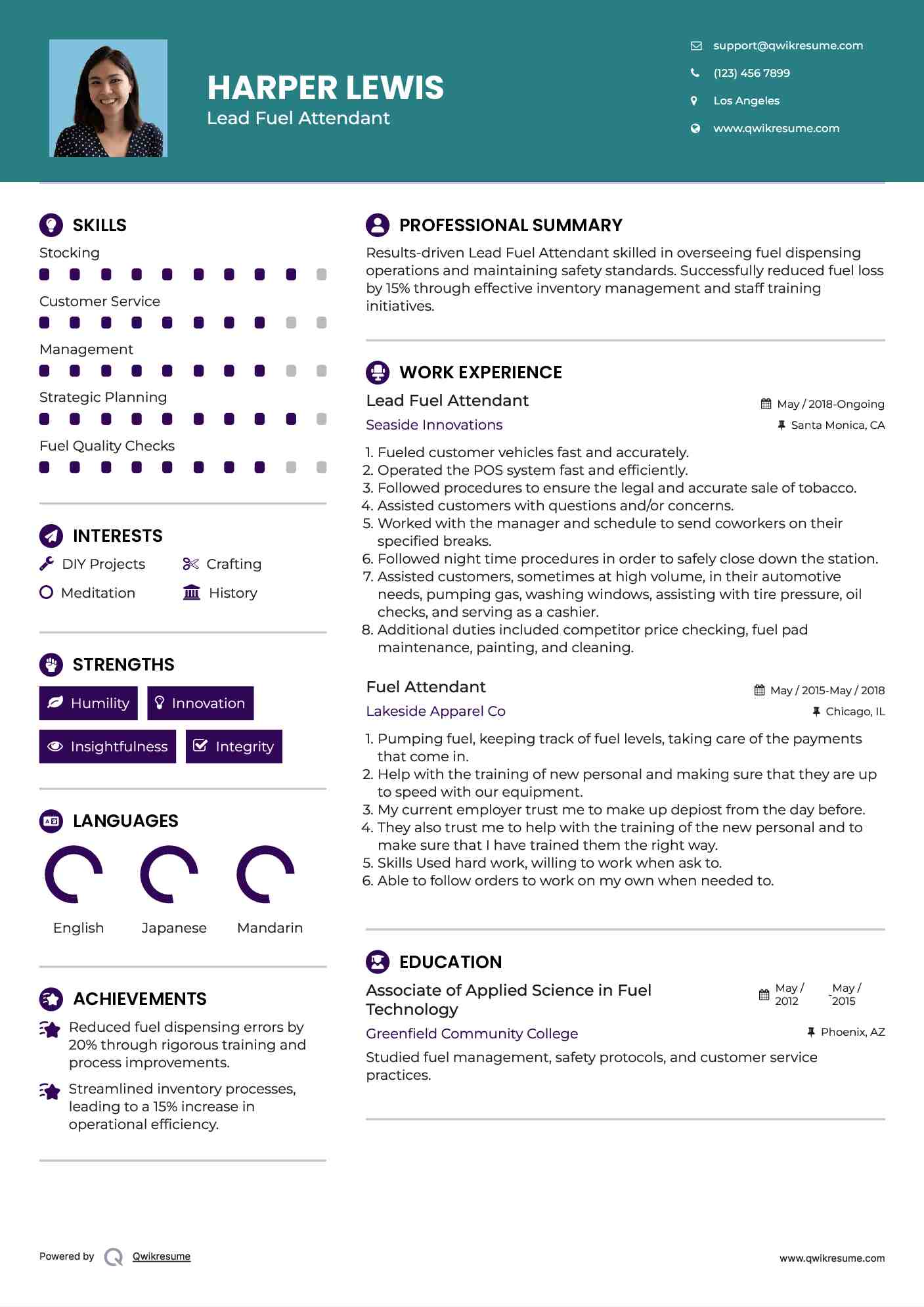 Lead Fuel Attendant Resume Example