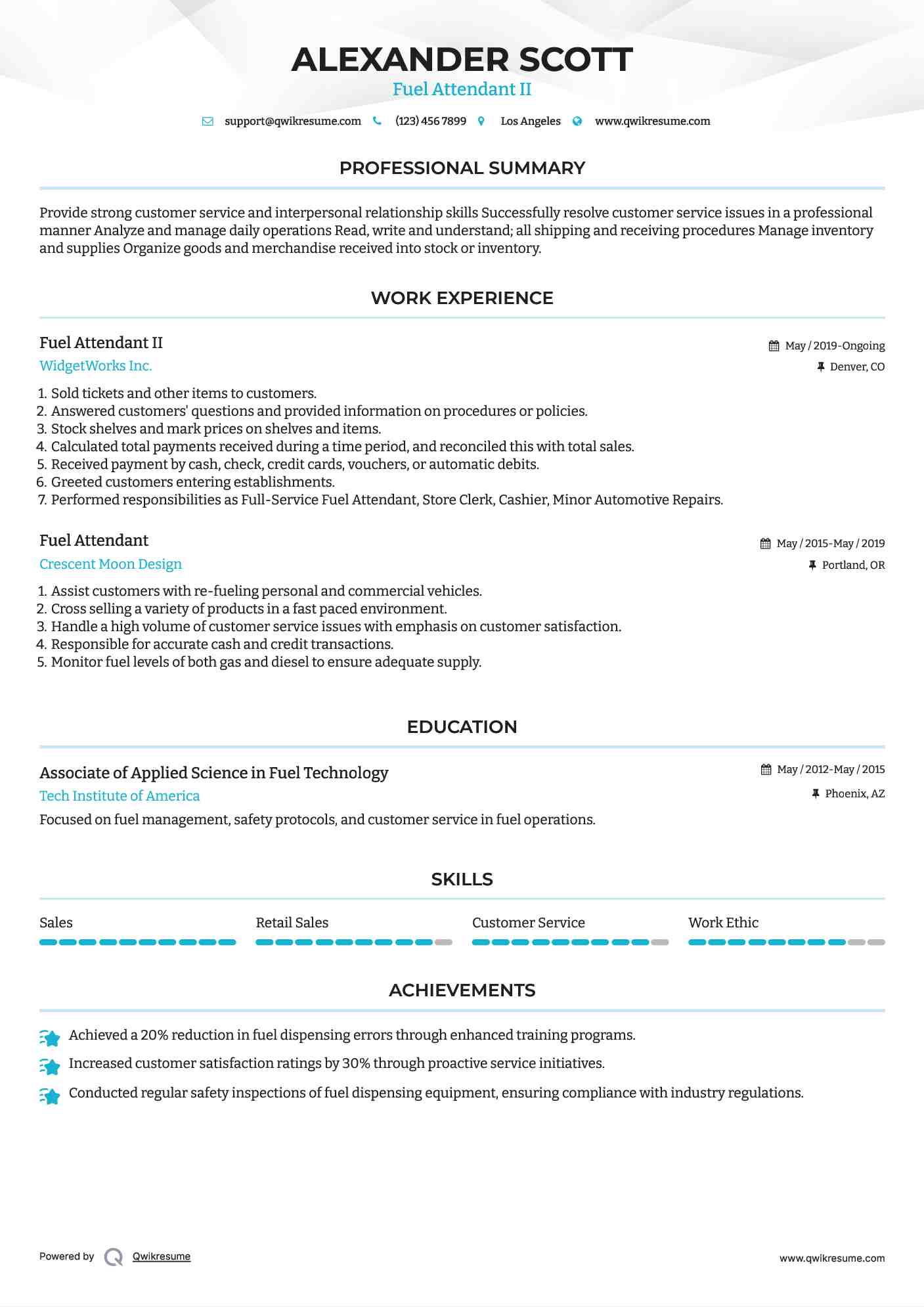 Fuel Attendant II Resume Example