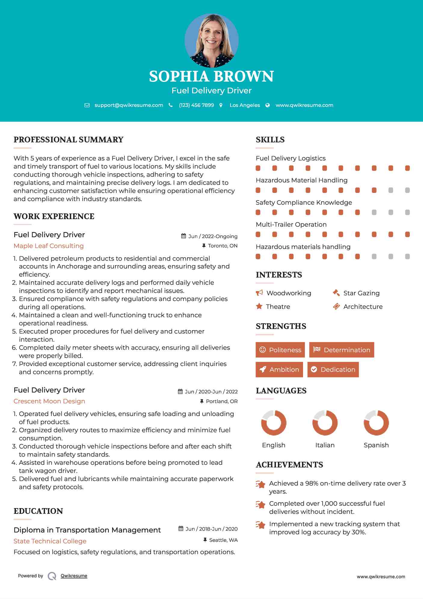 Fuel Delivery Driver Resume Template
