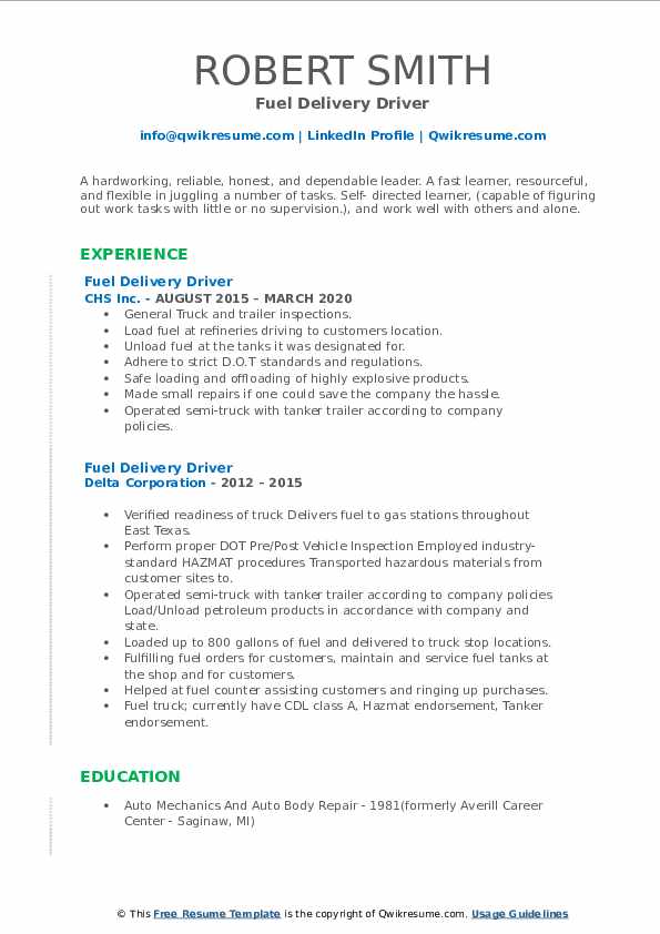 Fuel Delivery Driver Resume Samples QwikResume