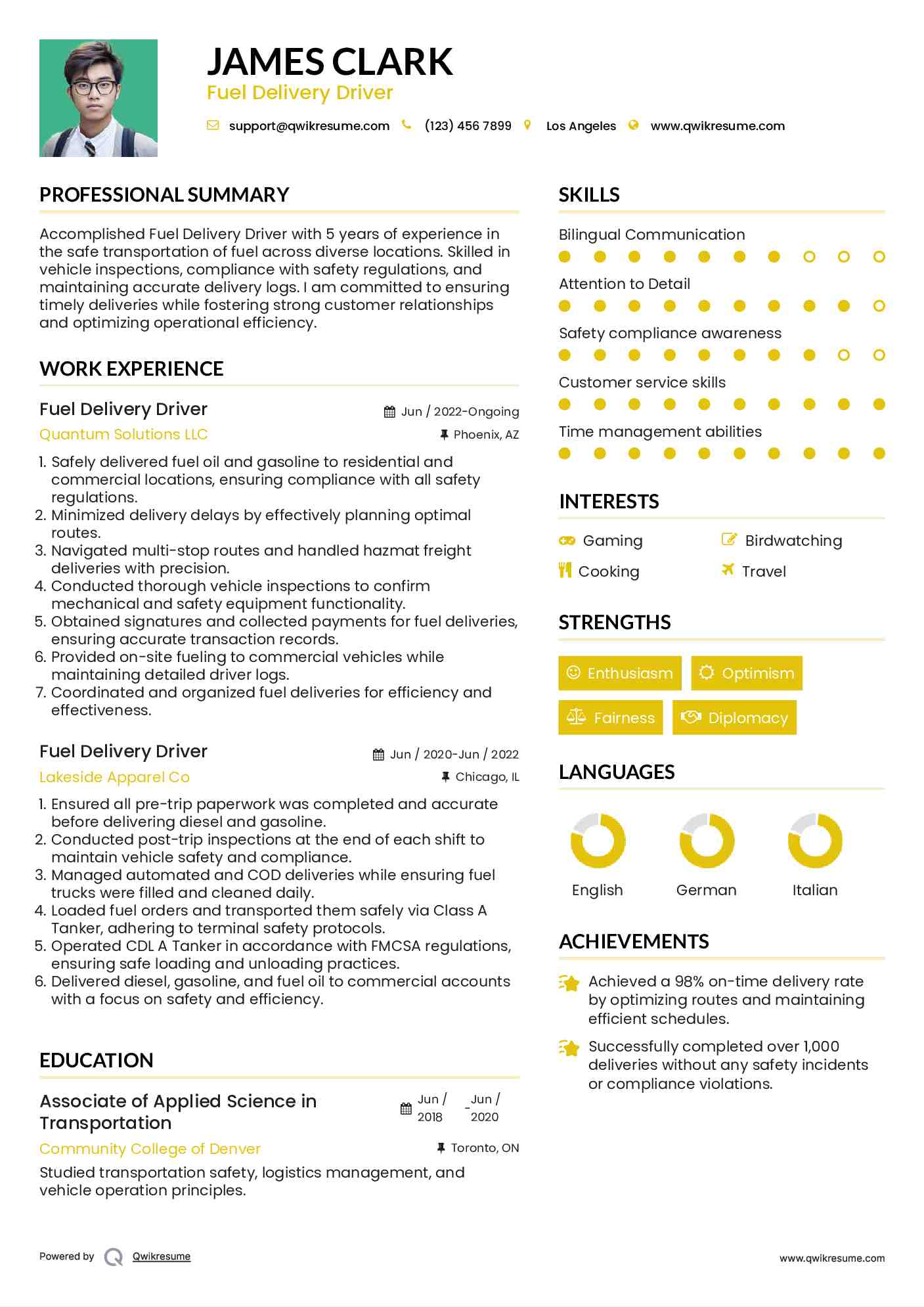 Fuel Delivery Driver Resume Sample