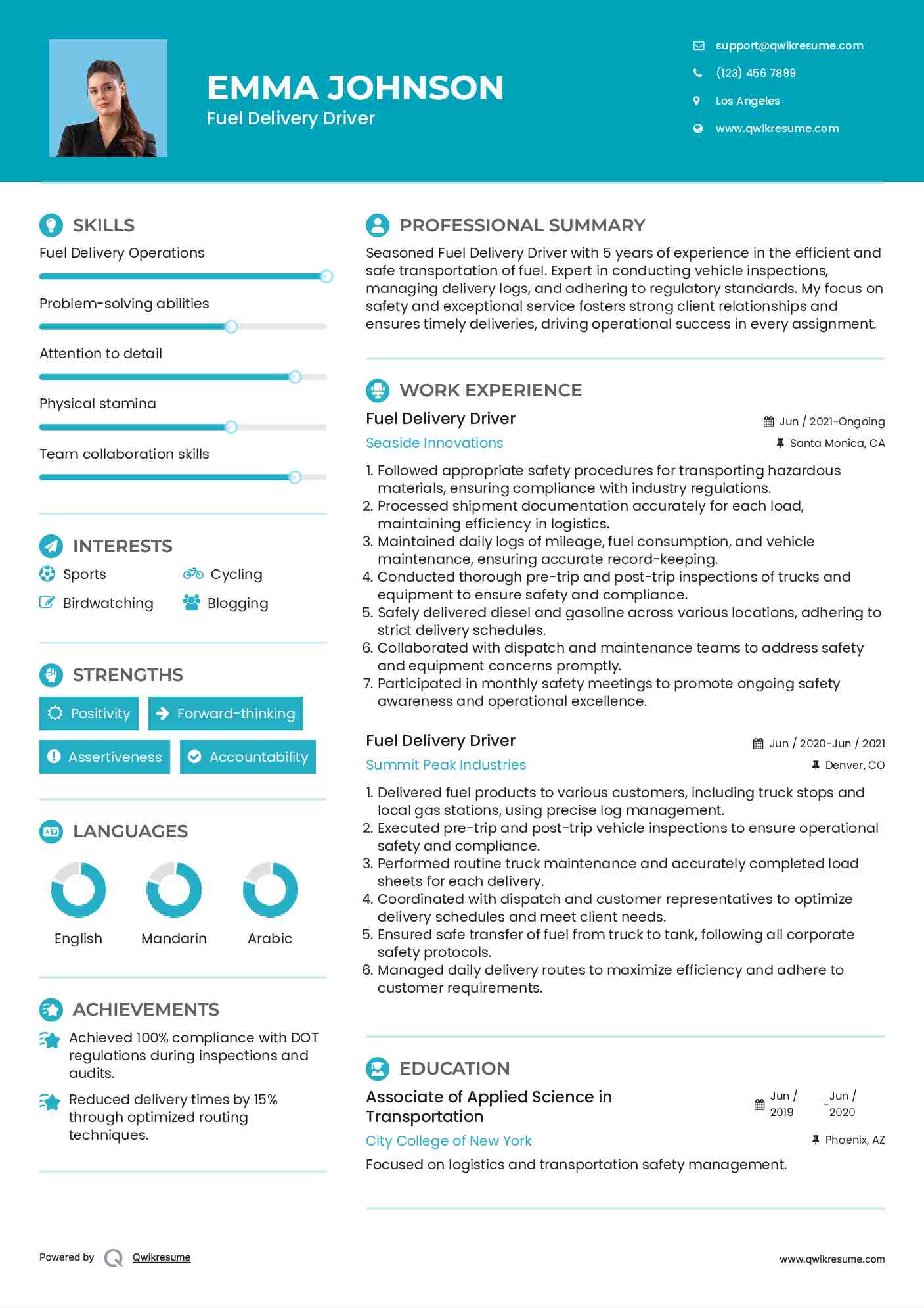 Fuel Delivery Driver Resume Template