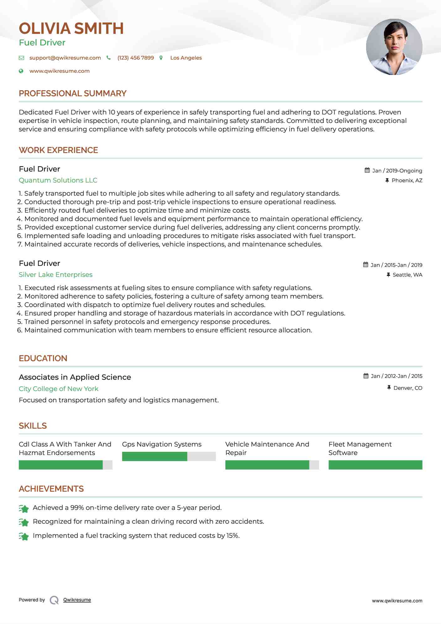 Fuel Driver Resume Example