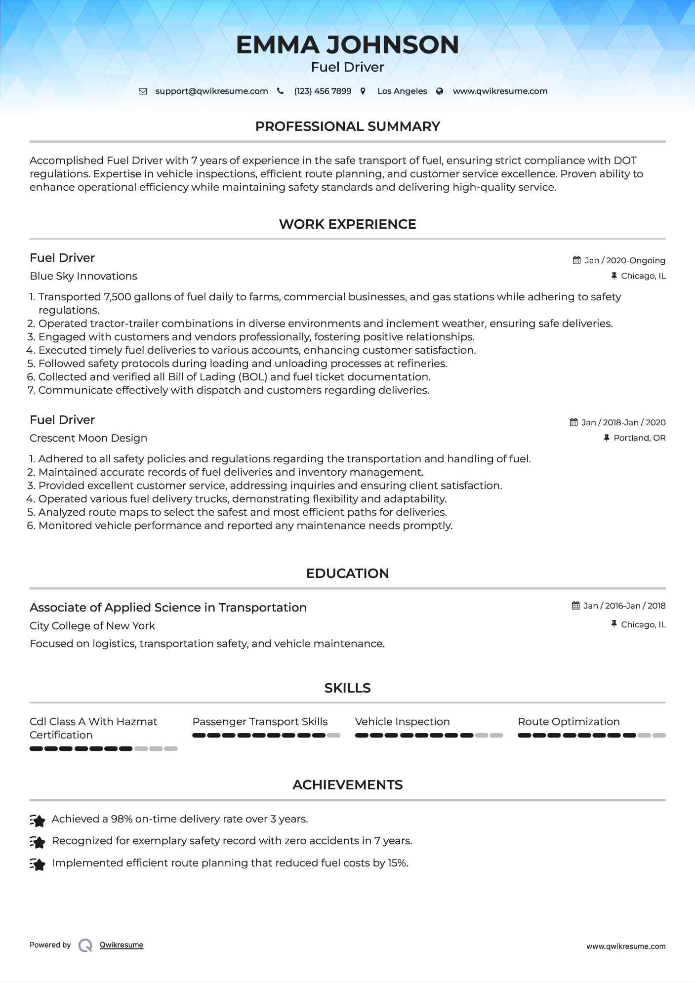 Fuel Driver Resume Example