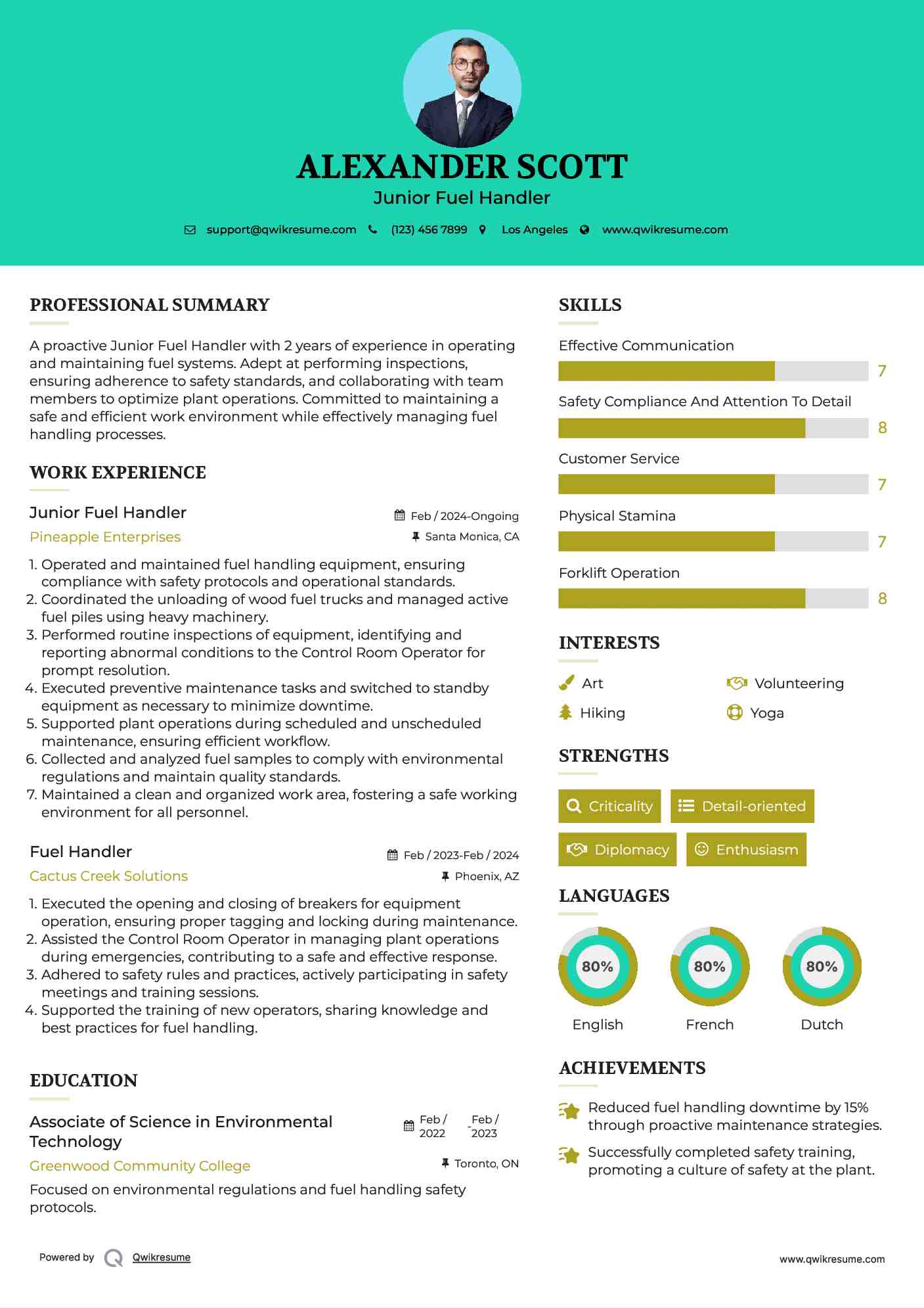 Junior Fuel Handler Resume Sample