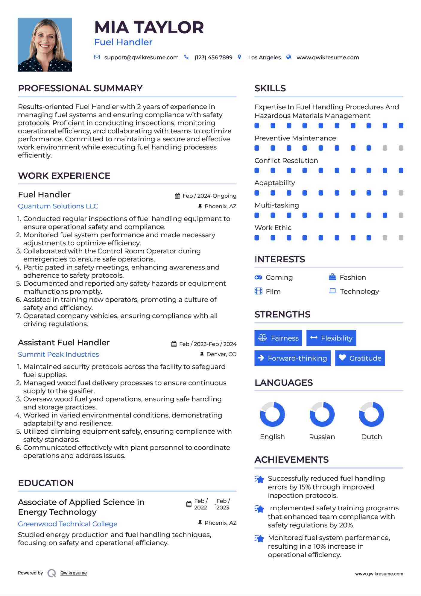 Fuel Handler Resume Model