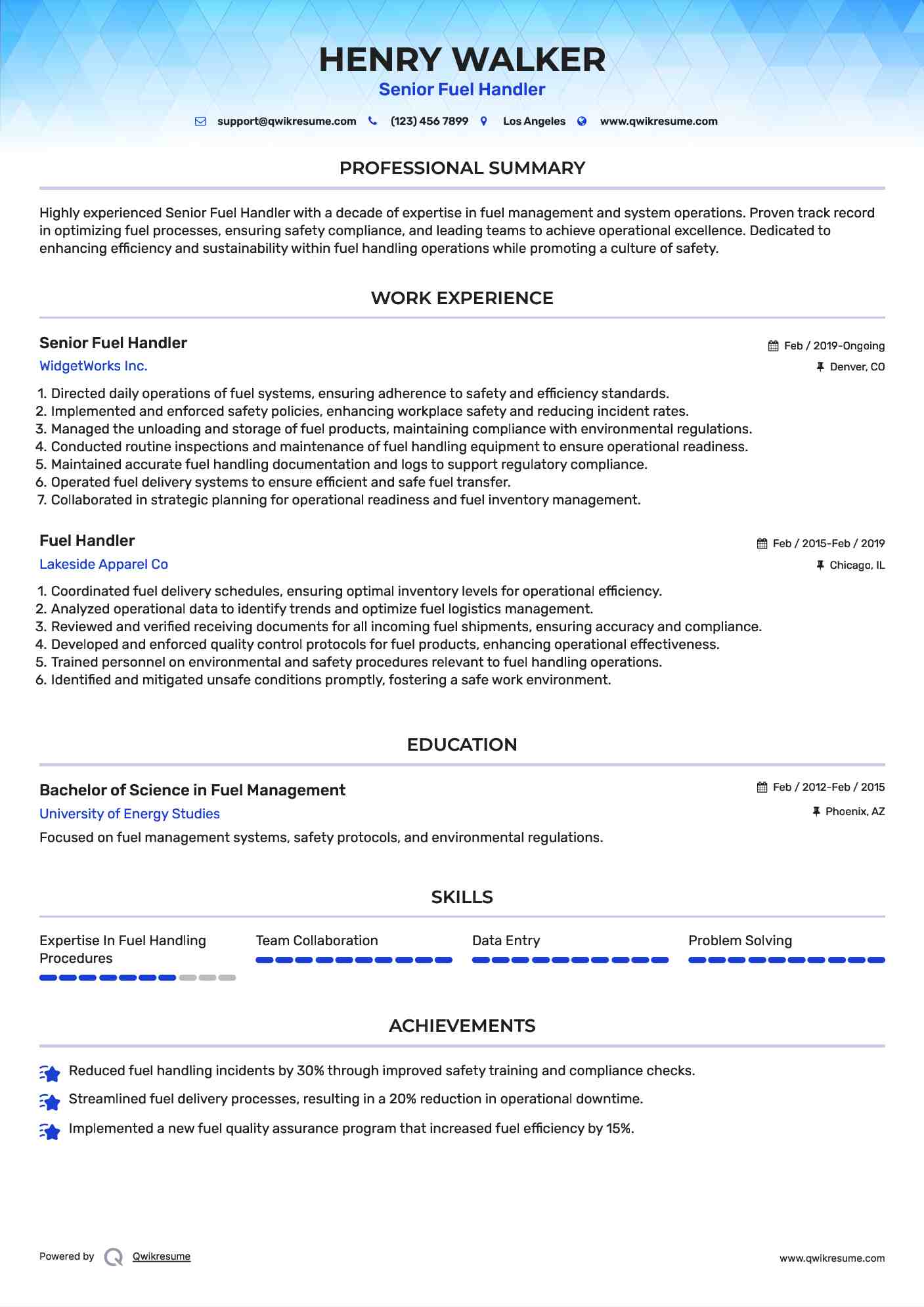 Senior Fuel Handler Resume Template