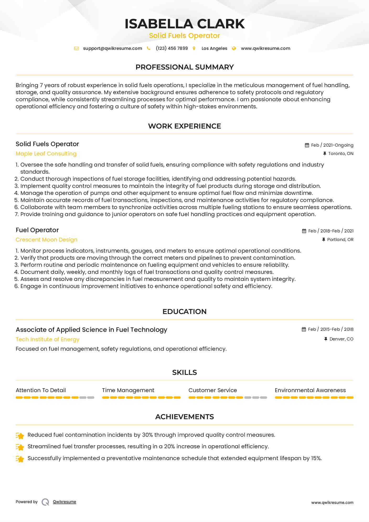 Solid Fuels Operator Resume Example