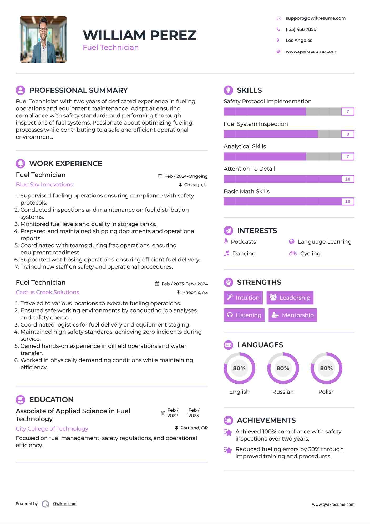 Fuel Technician Resume Sample