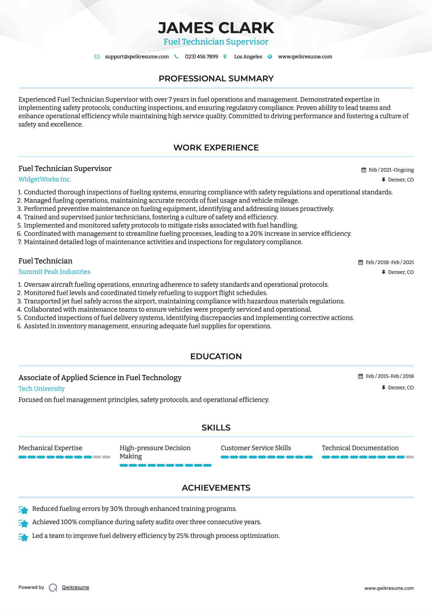 Fuel Technician Supervisor Resume Template